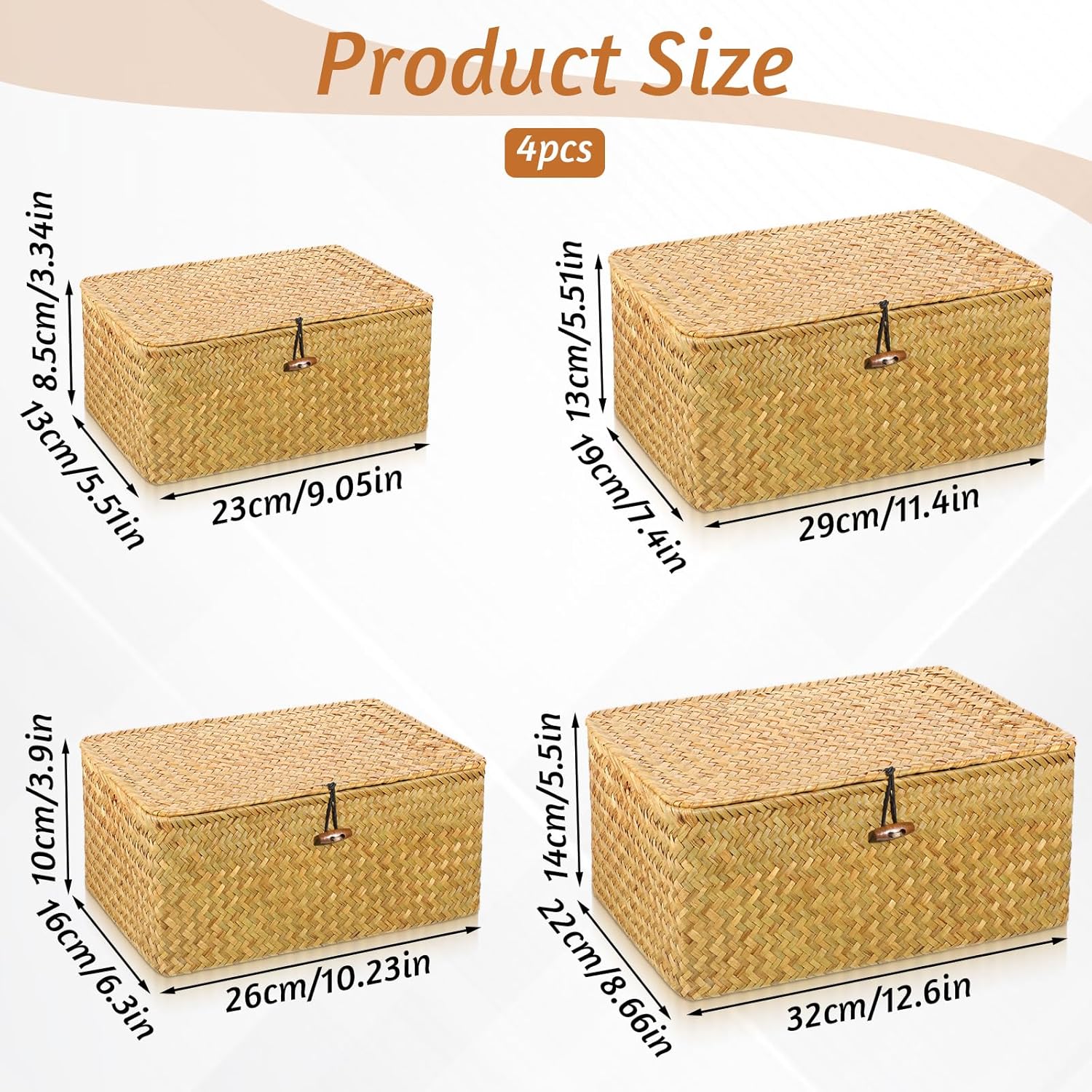 4 Set Wicker Storage Basket With Lid, 4 Size Handwoven Storage Bins Shelf Baskets Multipurpose Container for Home & Office Supplies
