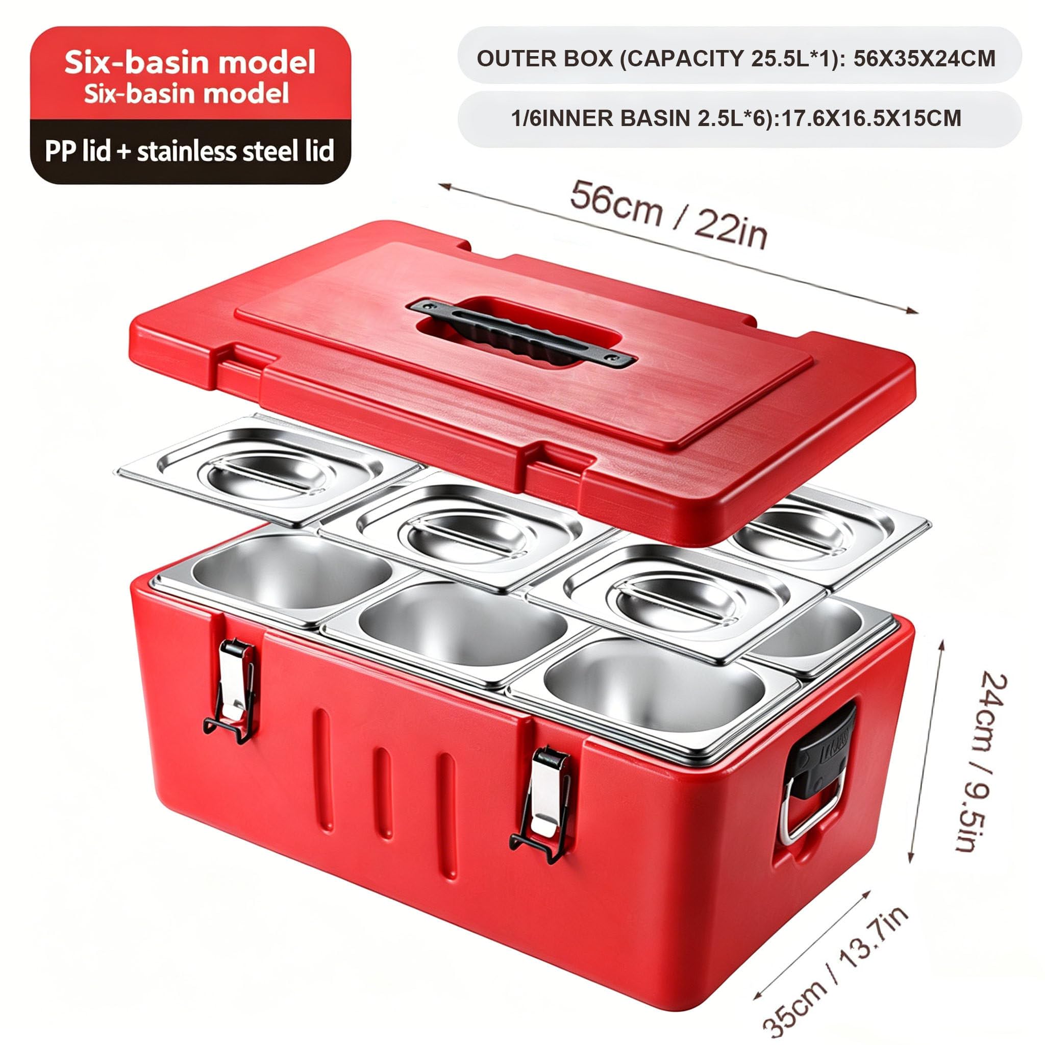 Contenedor de Gran Capacidad para Mantener la Comida Caliente o Fría con Bandeja Portátil de Acero Inoxidable, Caja Térmica para Bufés, Venta Ambulante y Otros Establecimientos 6Gird