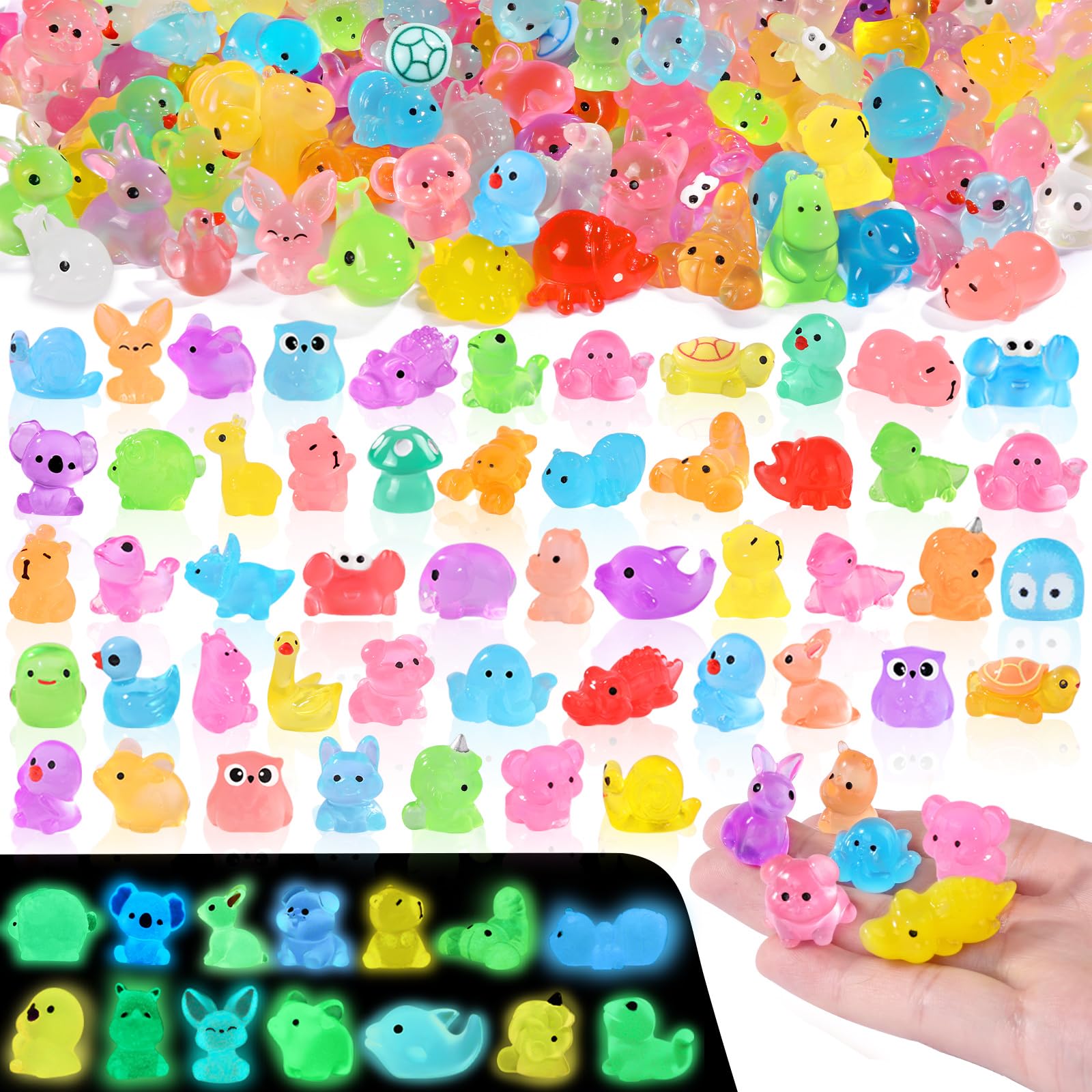 XIMISHOP 184PCS Mini Luminous Resin Animals，40 Styles Tiny Resin Animals Miniature Mini Little Small Plastic Animal Figures Glow in the Dark for Micro Landscape Fairy Aquarium Dollhouse Decor