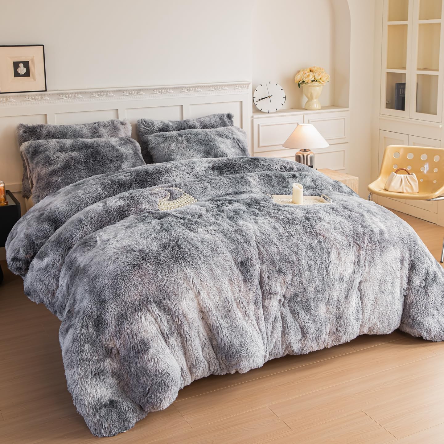 chovy Faux Fur Tie-Dyed Black White Gray Colorful Comforter Sets Queen - 3PC Bed Set Ultra Soft Plush Flannel Velvet Fluffy Fuzzy Bedding(Comforter x 1 Pillowcases x 2) - Image 5