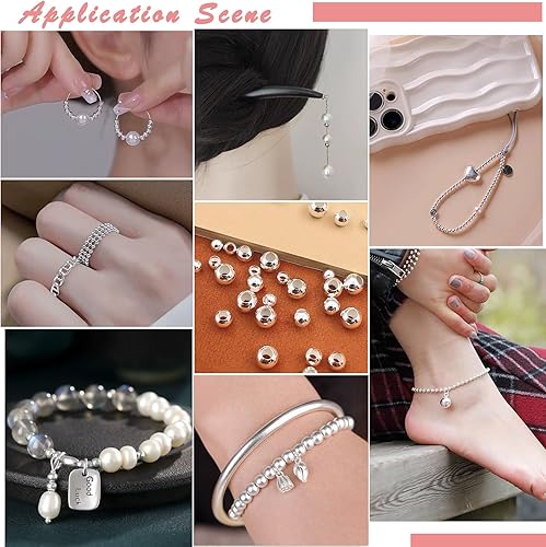 Miniatura 4 de 50 cuentas redondas de plata de ley 925 genuina de 0.157 pulgadas (0.157 in) pequeñas cuentas espaciadoras para hacer joyas, cuentas sueltas para