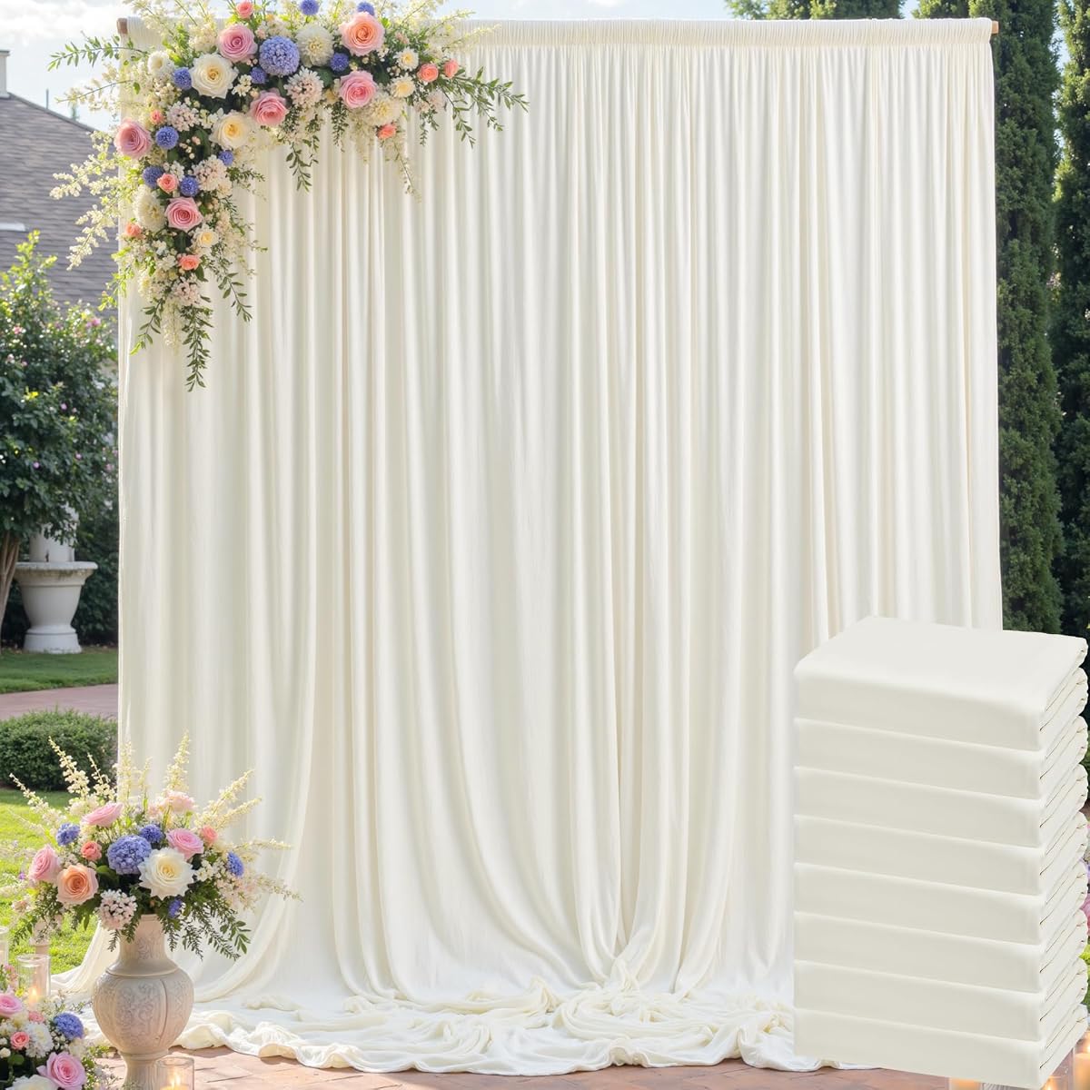 Cortina de fondo de color marfil sin arrugas para fiestas, 40 pies x 10 pies, 8 paneles de 5x10 pies, poliéster sedoso, cortinas de fondo de boda de color marfil, tela para fondo de fotografía para cumpleaños, baby shower