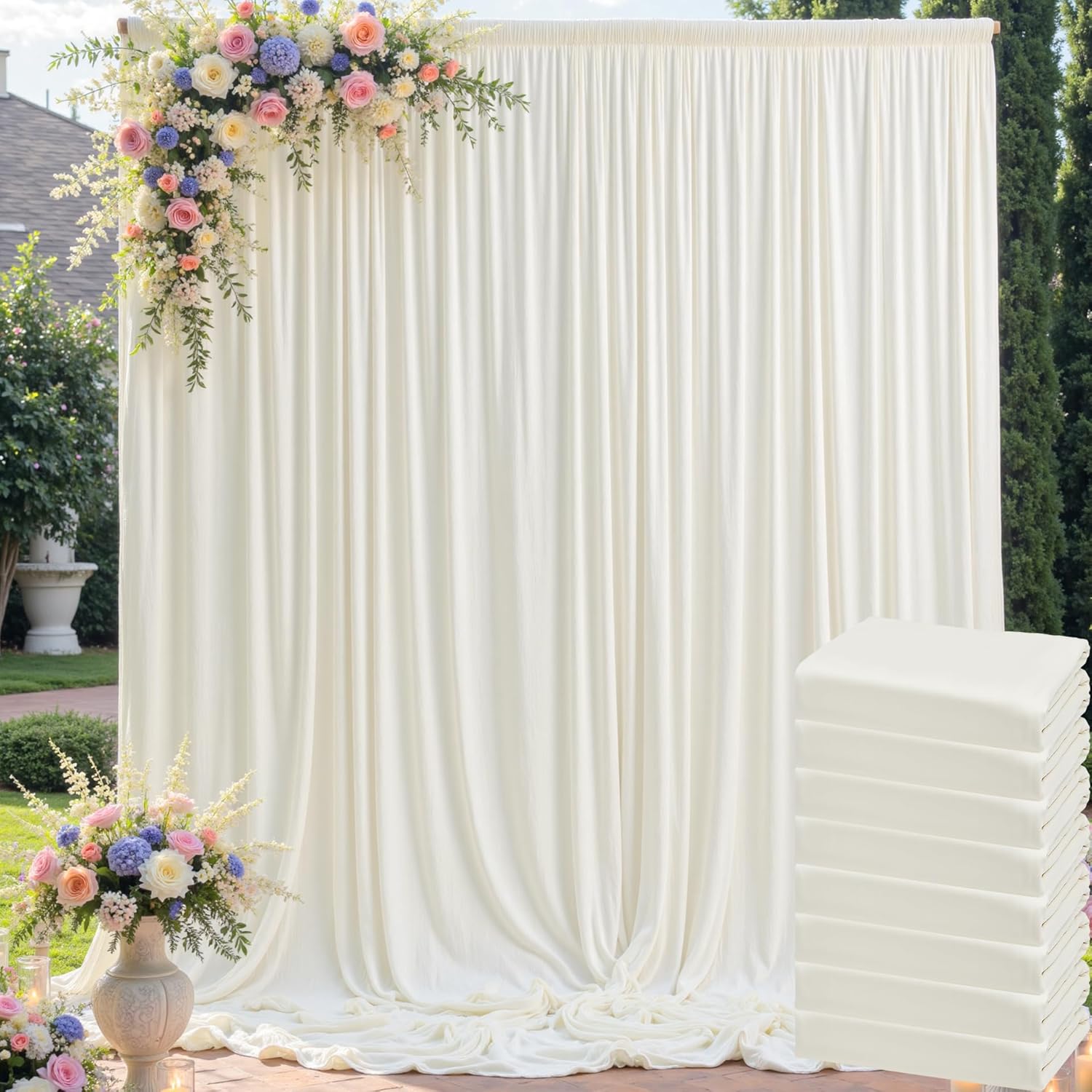 40ft x 10ft Wrinkle Free Ivory Backdrop Curtain for Parties, 8 Panels 5x10ft Silky Polyester Ivory Wedding Backdrop Drapes Photo Back Drop Cloth for Birthday Baby Shower Photography Background