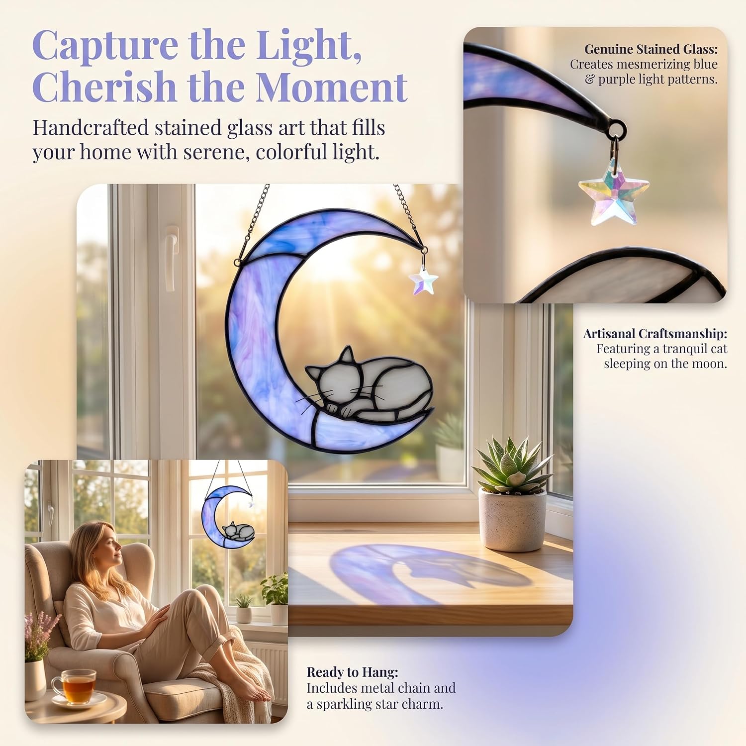 Grey Cat Memorial Stained Glass Suncatcher Cat Loss Sympathy Gift | Grey Cat Stained Glass Suncatcher For Window,Cat Memorial Gifts For Loss Of Cat Sympathy,Cat Lover Gifts For Womem,Mom,Friend