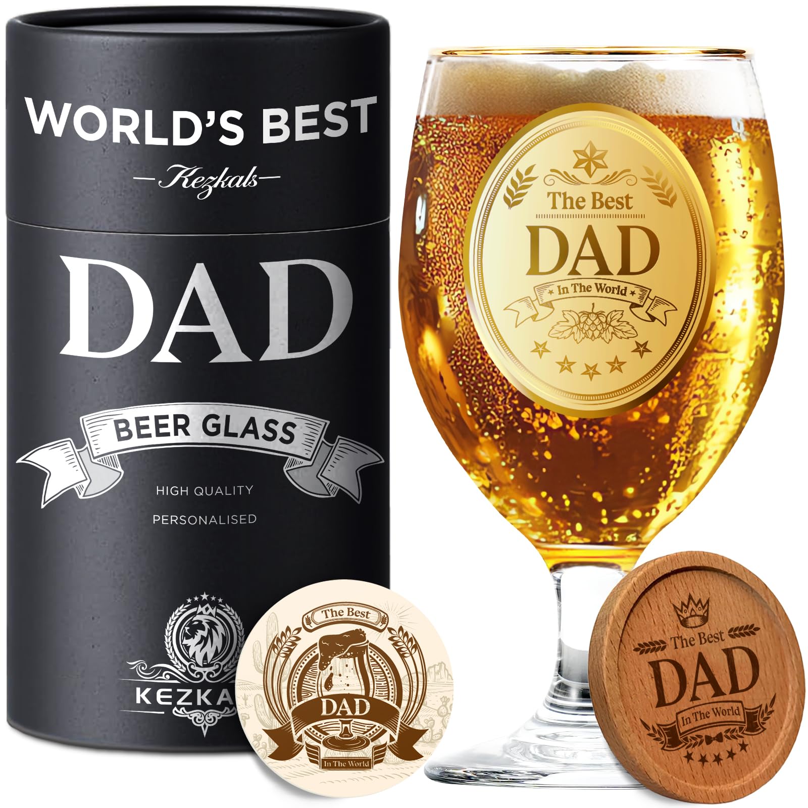 KEZKALS Dad Gifts for Fathers Day, Personalized Beer Glass, Personalised Birthday Dad Birthday Gifts for Fathers Day from Daughter or Son