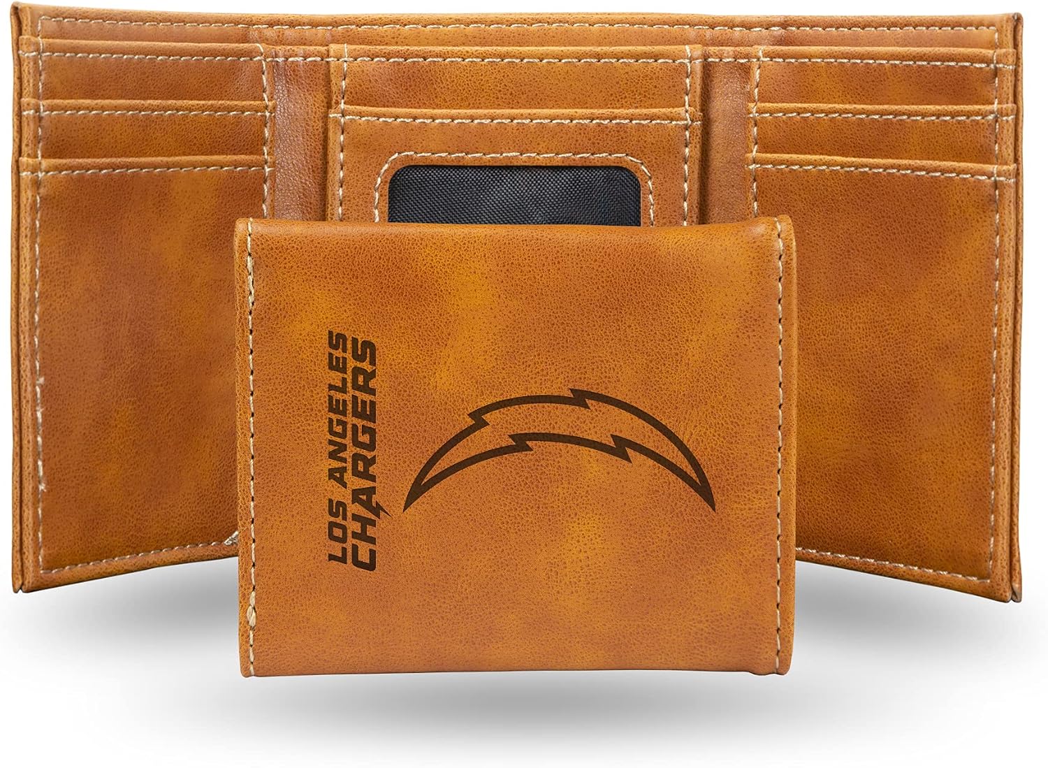 Rico Industries NFL Los Angeles Chargers Trifold Wallet, Brown - Laser Engraved Vegan Leather, 6 Card Slots, ID Window