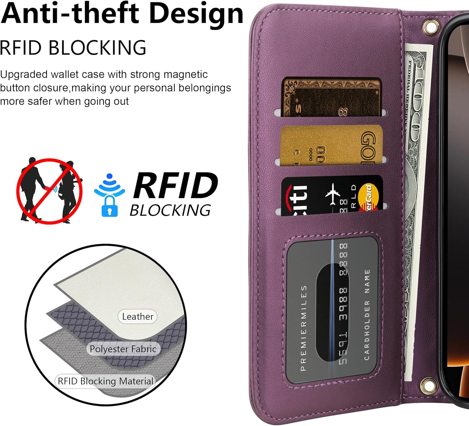 Vofolen Compatible with iPhone 16 Pro Max Case with Card Holder Crossbody Wrist Strap Leather Flip Case with Magnetic Clasp Kickstand Heavy Duty Protective Wallet Phone Case for Women, 6.9 Inch Purple