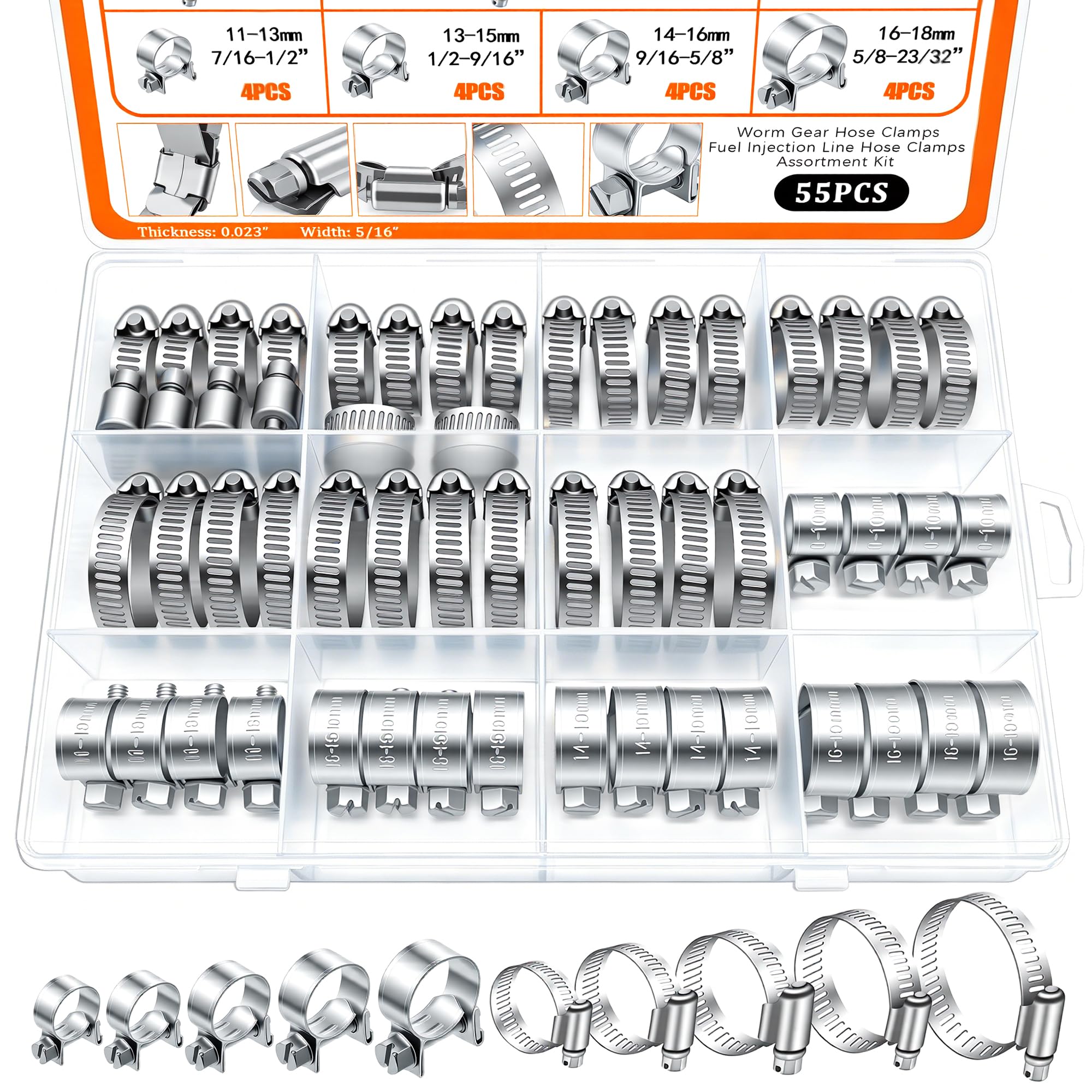 Dianrui 55PCS Hose Clamp Assortment Kit 3/8" Hose Clamps Stainless Steel 304 Worm Gear Hose Clamp &amp; Fuel Injection Hose Clamps for Water Pipe, Plumbing, Tube and Automotive Diesel Petrol Pipe