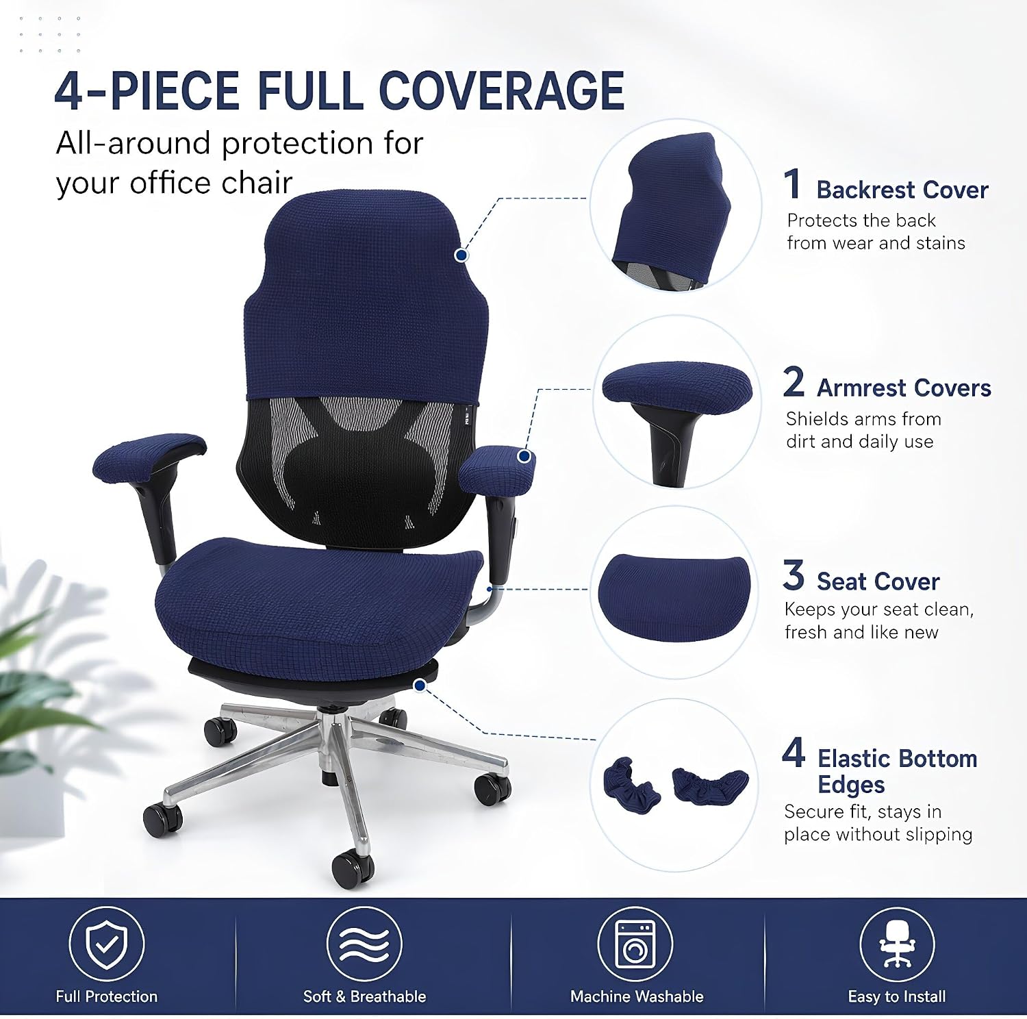 UKCOCO 4pcs Chair Covers Set with Armrest Covers, Removable Washable Office Chair Seat Cushion Slipcovers for Work, Home Office, Gaming Room Dark Blue image 3
