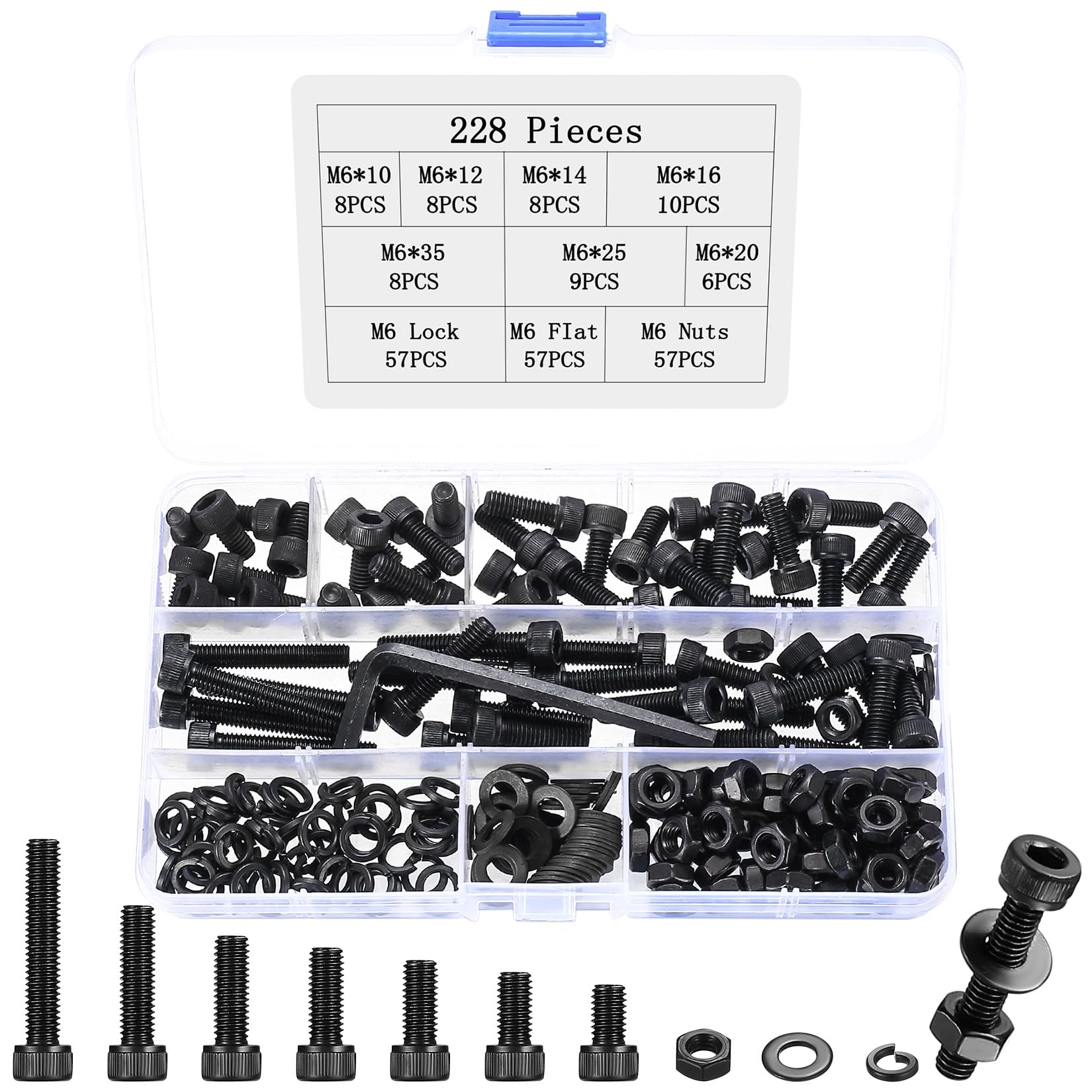 228 Pcs M6 Bolts and Nuts Set, Cylinder Hex Socket Head Cap Screws Set, Black Assorted Machine Screws Nuts and Bolts Sets with Lock & Flat Washers Assortment Kit