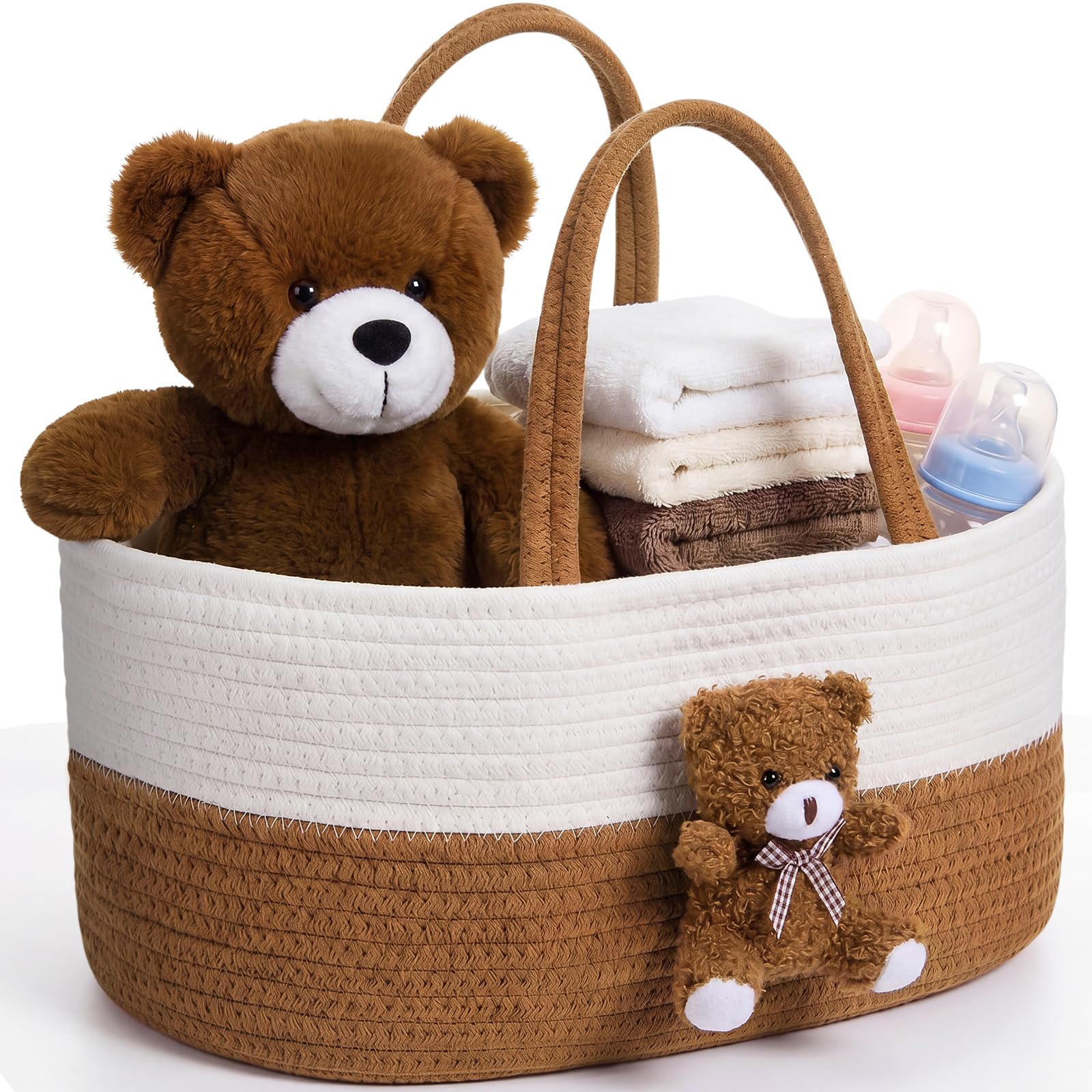 FoldTier Diaper Caddy Organizer Teddy Bear Basket for Nursery with Handle Baby Shower Storage Bin Portable Cotton Rope Gift Bag for Changing Table Cart Car Baby Wipes Newborn Essentials (White Brown)