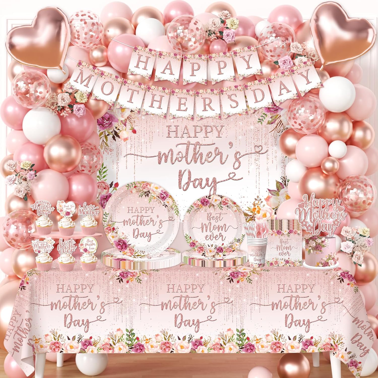 264Pcs Happy Mother's Day Party Supplies Tableware Set Pink Mother's Day Paper Plates and Napkins Best Mom Ever Paper Plates Napkins Forks Balloons Tablecloth Banner for Mother’s Day Serves 24 Guests