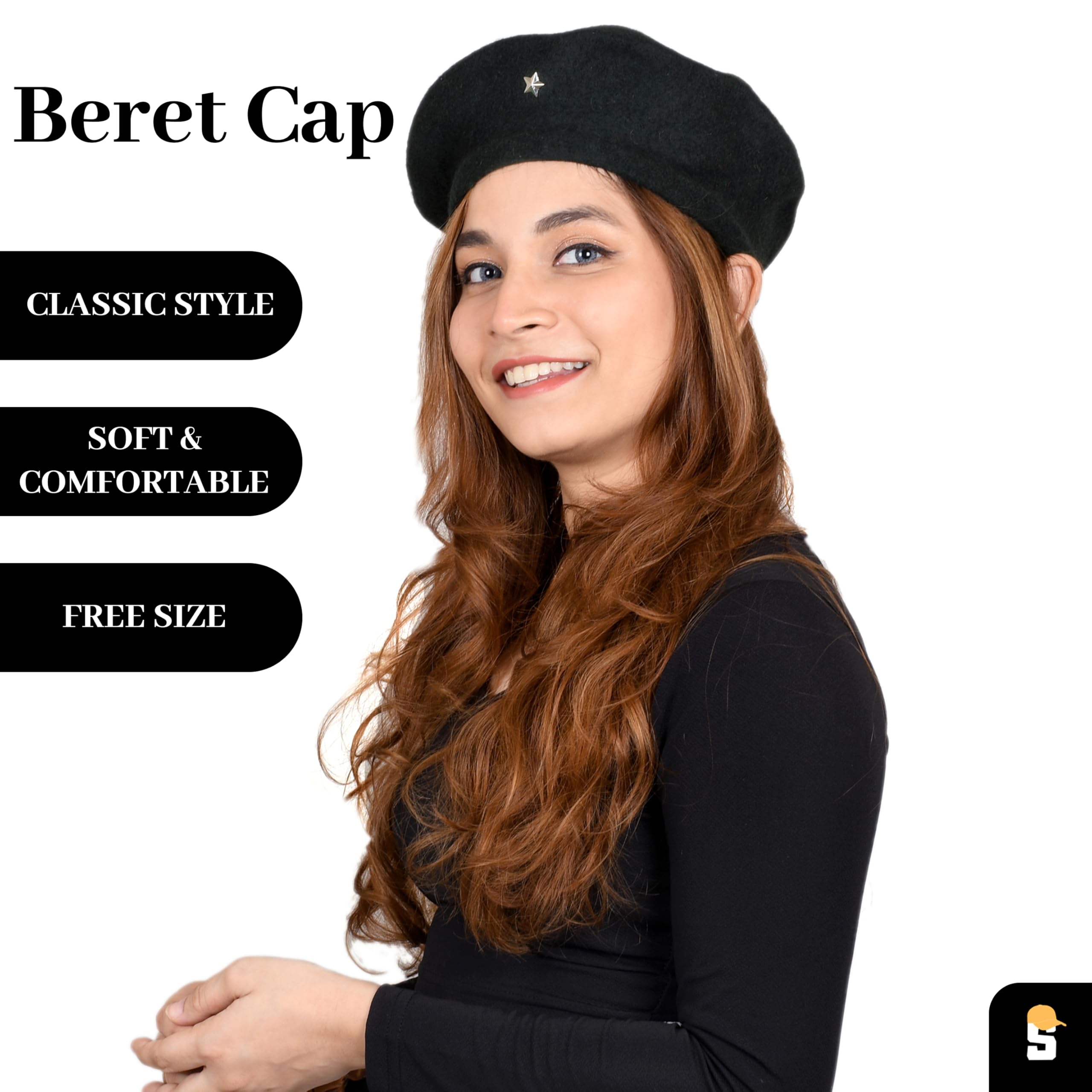 SOUL eTHICS Women's Premium Wool Blend French Artist Beret Cap - Stylish, Warm & Classic - Elegant Winter Beanie Hat for Girls & Ladies -Free Size (in, Alpha, Free Size, Royal Blue, Star) - Image 2 thumbnail