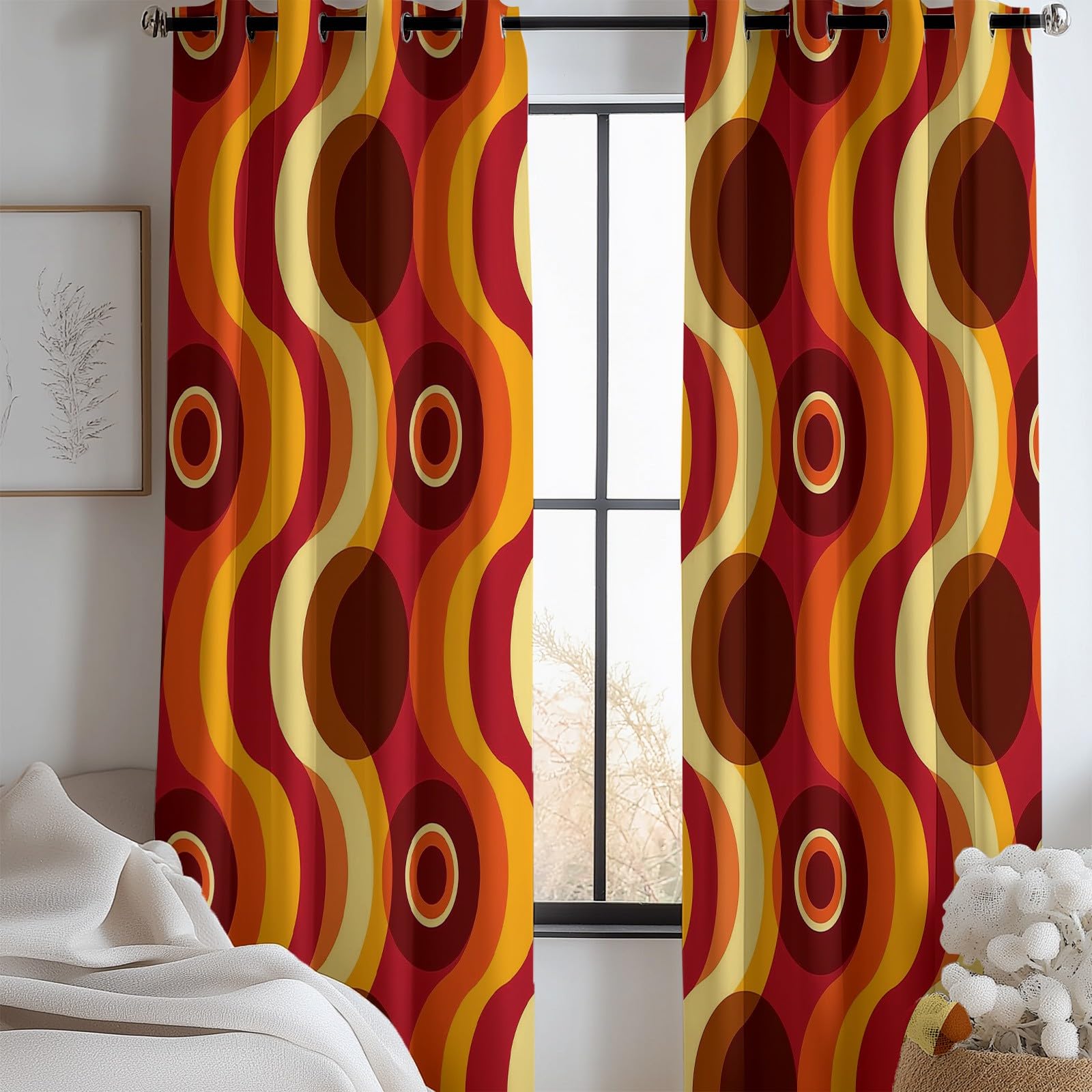 Blackout Curtain 46 x 72 Inch (2 Panels) Retro Abstract Stripes Circles Orange Brown, Thermal Insulated Eyelet Curtain for Kids Teens Adults, Printed Curtains for Bedroom Living Room kitchen office