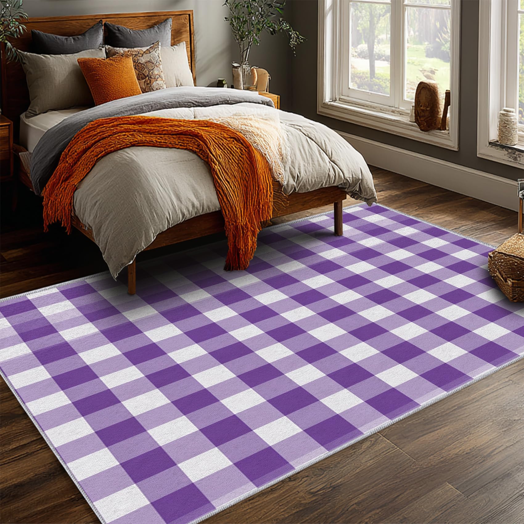 Lila Gitter Waschbarer Teppich 80 x 150 cm – Weich rutschfest Büffel Schachbrett Design für Wohnzimmer & Schlafzimmer Deko Kurzflor Tappeto per elegante Räume