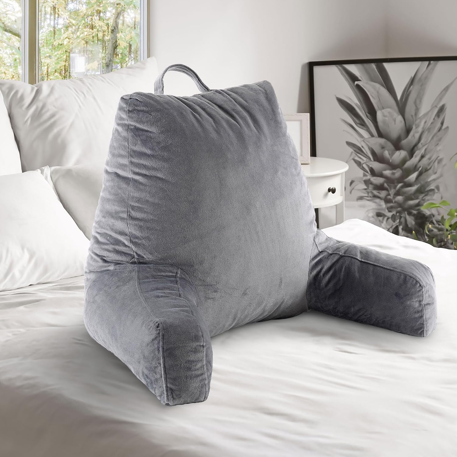 Cheer Collection Reading Pillow with Arms – Portable Bed Pillow for Sitting Up & Support, Foam-Filled Back Rest Pillow for Sitting in Bed & Couch, Machine Washable White (Small)