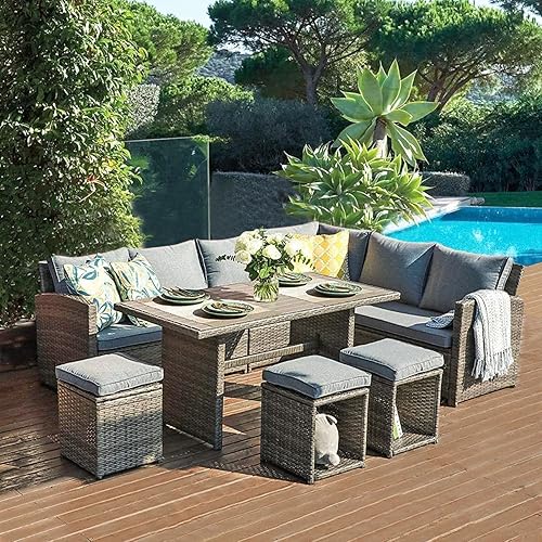 COBANA 7 Piece Patio Furniture Set, All Weather Wicker Outdoor Sectional Sofa Conversation Set, Couch with Dining Table and Chair, Gray