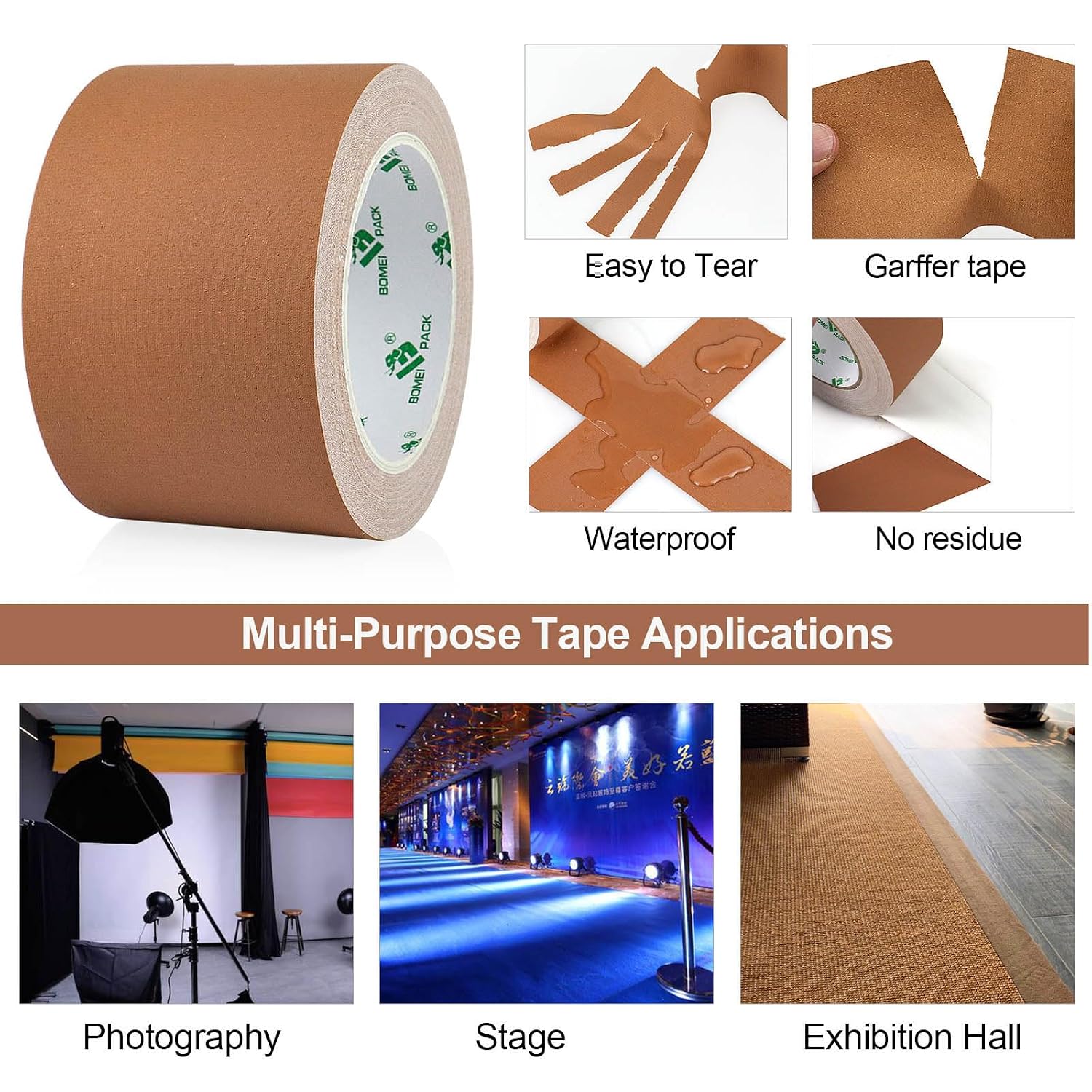 BOMEI PACK Color Gaffer Tape, Matte Non-Reflective, 3inch x 20yds No Residue Hand Tear Self-Adhesive Tape for Labeling, Cable, Stage, Photo Studio, Painters and Duct Repair, 1 Pack (Brown)
