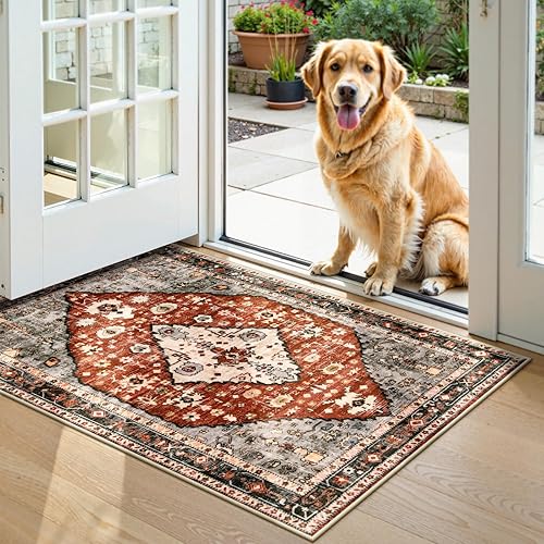 Miniatura 8 de Lahome Alfombra tribal bohemia de 2 x 3 pulgadas, pequeña, color rojo, oriental, para dormitorio, suave, lavable, antideslizante, alfombra de baño