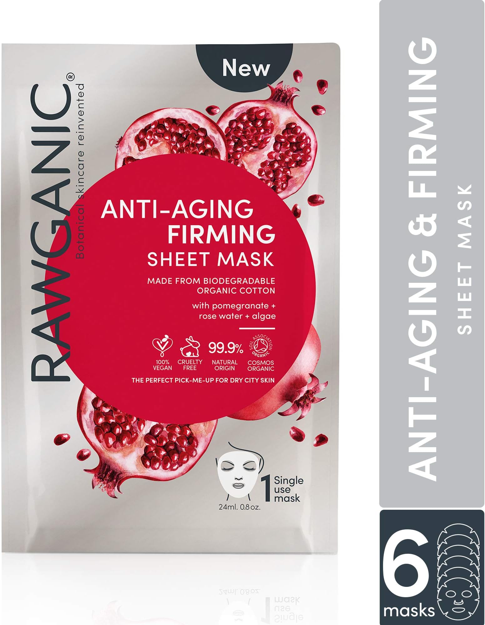 RAWGANIC Anti-aging & Firming Organic Sheet Mask | Gentle Hypoallergenic Biodegradable Organic Cotton Face Mask | with Pomegranate, Rose Water and Algae (6 Masks)