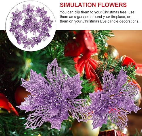 Miniatura 8 de DEARMAMY 1 juego de 12 rosas huecas de Navidad verdes con purpurina de Navidad artificiales para árbol de Navidad, flores artificiales para árbol de