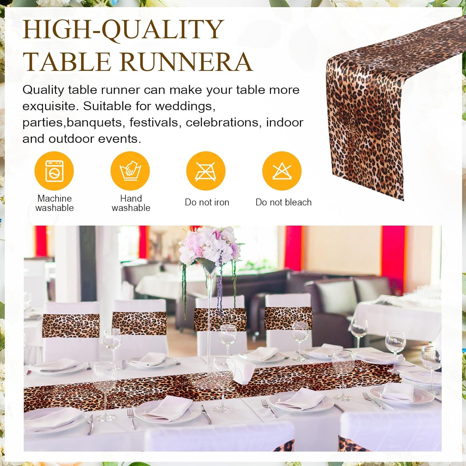 Newwiee 48 Stretch Chair Cover Sashes with 6 Table Runner Set 6 x 14 Inch Elastic Chair Band Ties 14 x 108 Inch Table Runner for Family Gathering Banquet Decoration(Brown,Leopard Print)