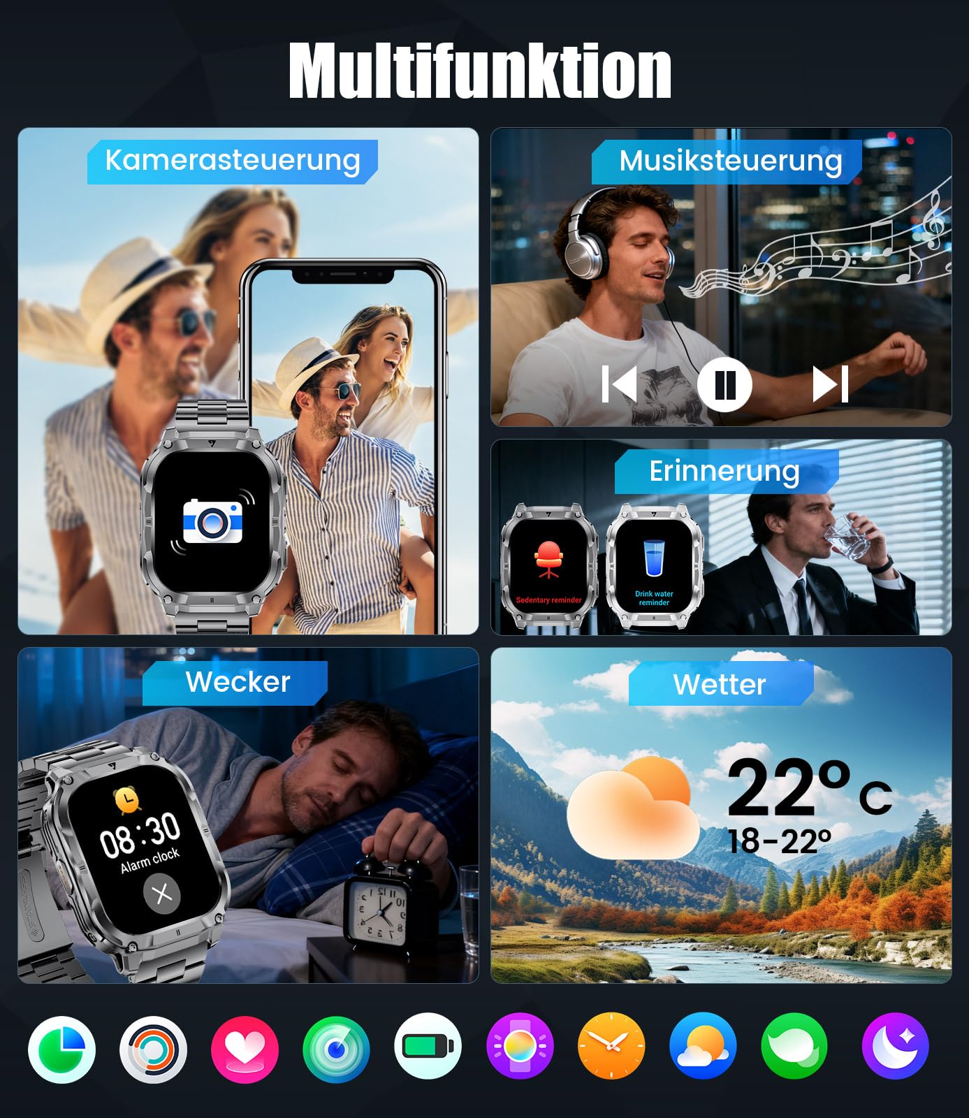 LIGE Militär Smartwatch Herren mit 1000mAh Akku/Telefonfunktion, 2.0" HD Touchscreen Fitnessuhr mit Herzfrequenz/Schlafmonitor/200+ Sportmodi, IP68 Wasserdicht Sportuhr für Android iOS, 3 Armbändern
