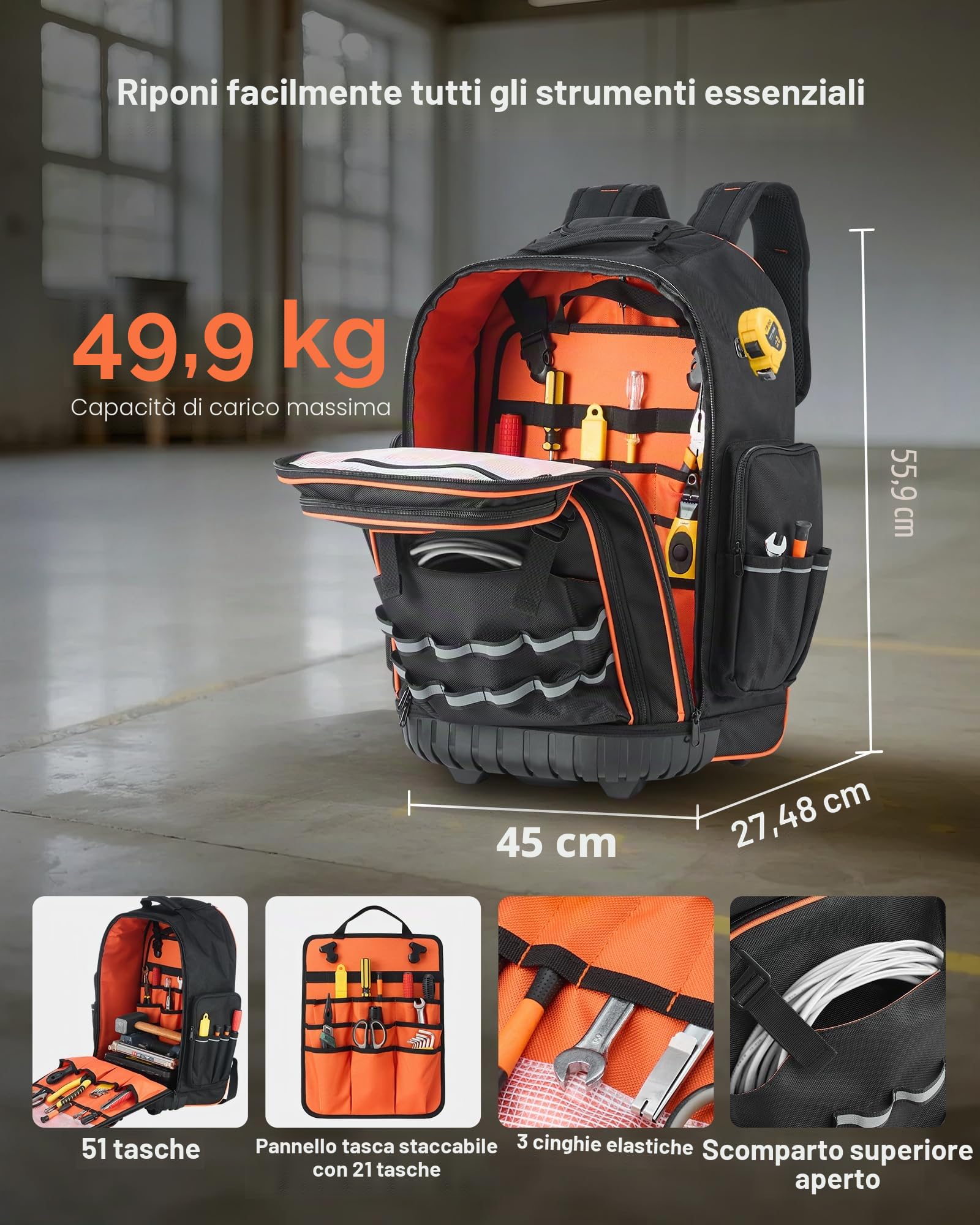 VEVOR Zaino Portautensili con Ruote, Capacità 50 kg, Borsa Portautensili con Ruote da 72 Tasche, Maniglia Telescopica Regolabile e Base Stabile, Organizzatore per Borse per Edilizia, Meccanico