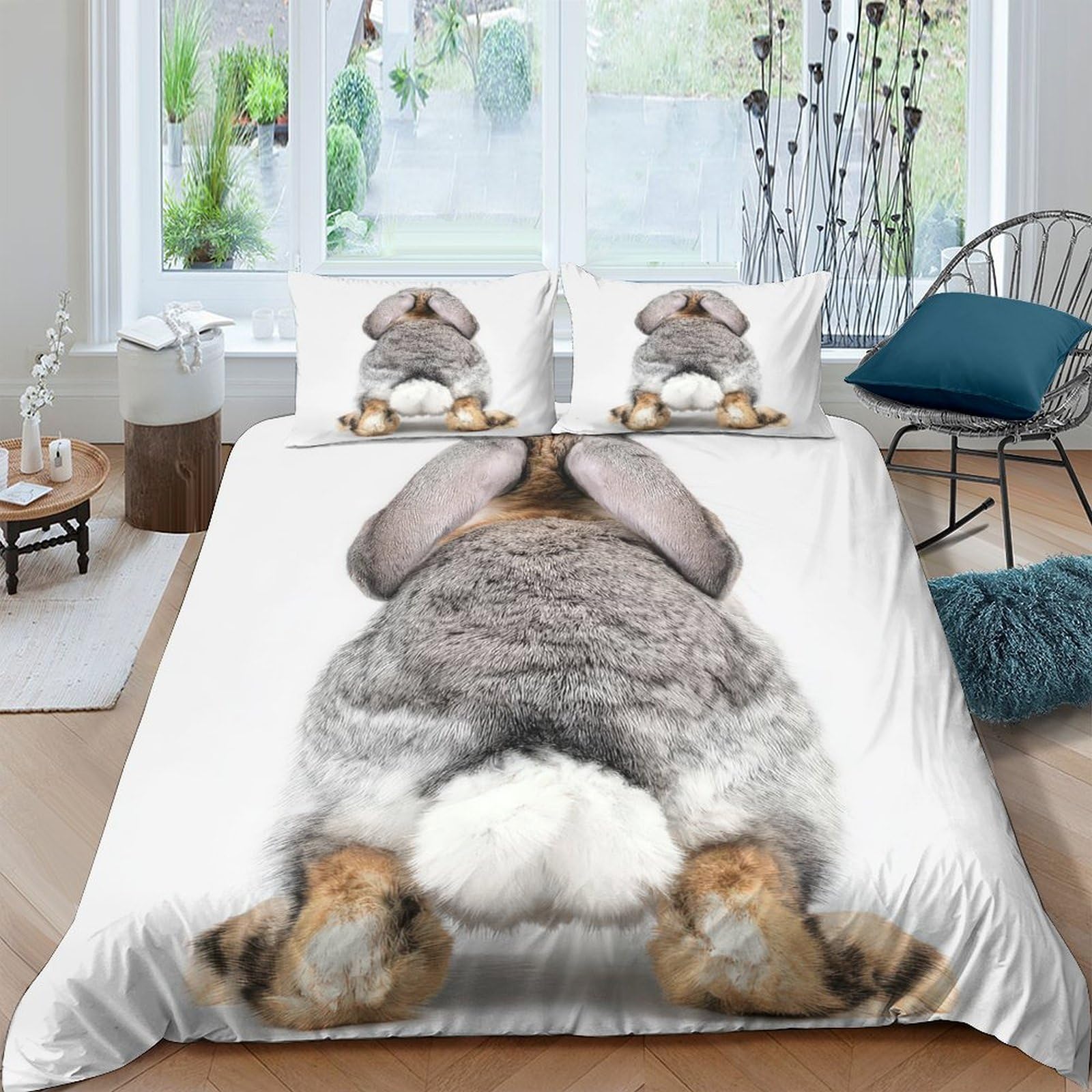 P5V6M1Q9 3D Printed Bunny Back Duvet Cover Microfiber Soft Breathable Rabbit Bedding Set with 2 Pillowcases for Bedroom Decor Single（135x200cm）