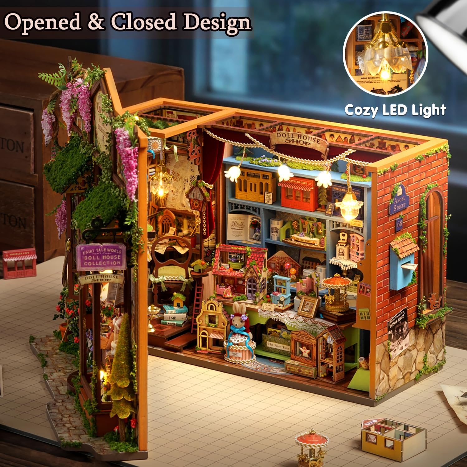 TuKIIE DIY Miniature House Kit with Furniture, 1:24 Scale Creative Room Opened & Closed Wooden Doll House Book Nook Plus Dust Proof for Kids Teens Adults(Dollhouse Shop)