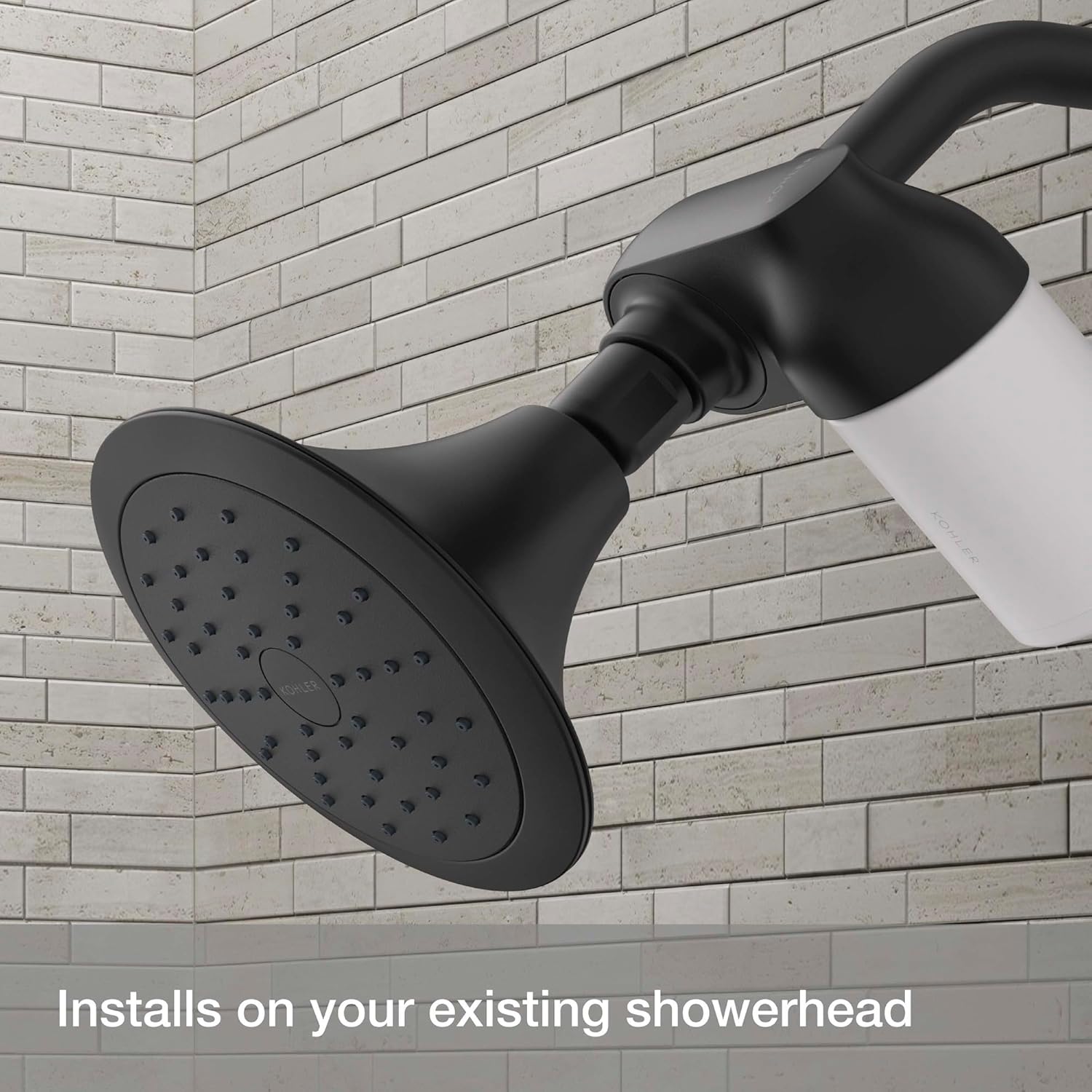 KOHLER REC24612-BL Aquifer Filtered Shower Head Attachment, Filtration System Attaches to Most Existing Shower Heads, Reduces Chlorine, Odor, and Controls Scale in Matte Black