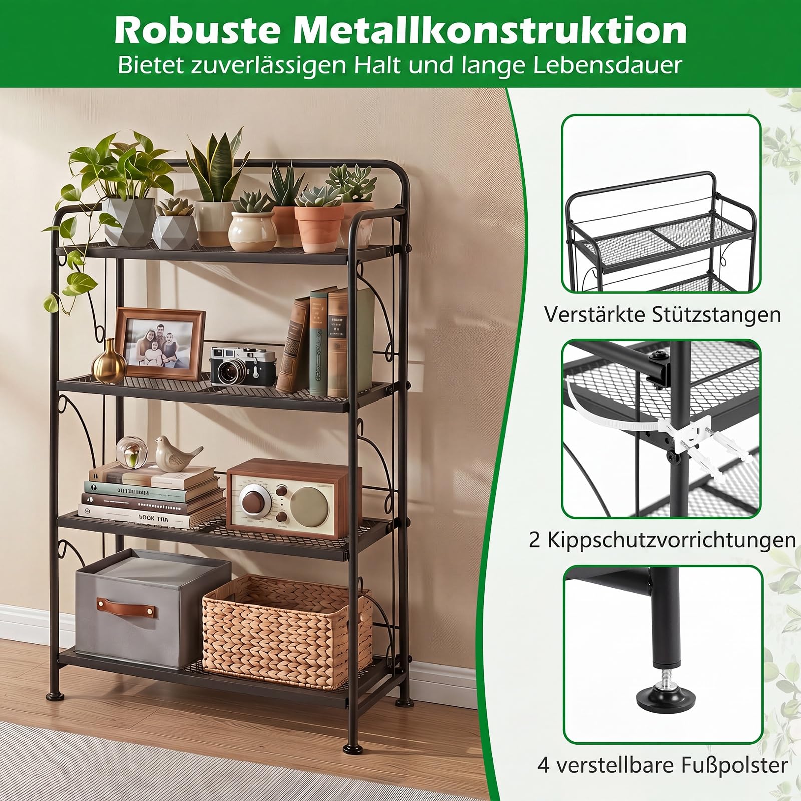 COSTWAY 4 Etagen Pflanzenständer klappbar, Blumenständer Metall, Blumenregal mit verstellbarer Ablage, bis 40kg, Pflanzenregal Blumentreppe Pflanzentreppe, Garten Terrasse Balkon, Schwarz, 60x25x100cm