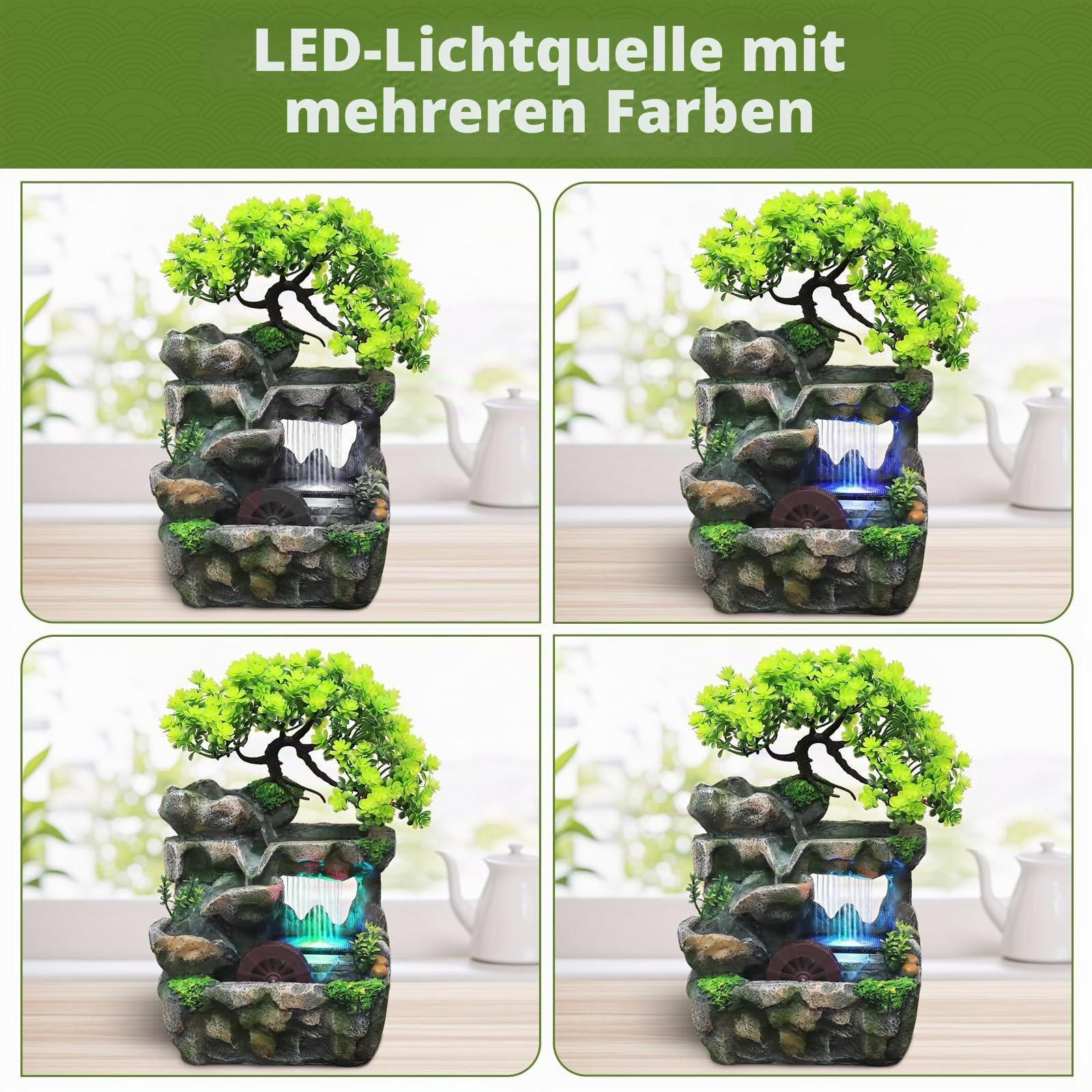 Tisch Zimmerbrunnen Wasserfall, Tischbrunnen mit Wasserrad und LED-Beleuchtung, Zimmer Pflanze Brunnen, Deko Tisch Springbrunnen für Wohnzimmer, Büro und Schlafzimmer (30x18x15cm)