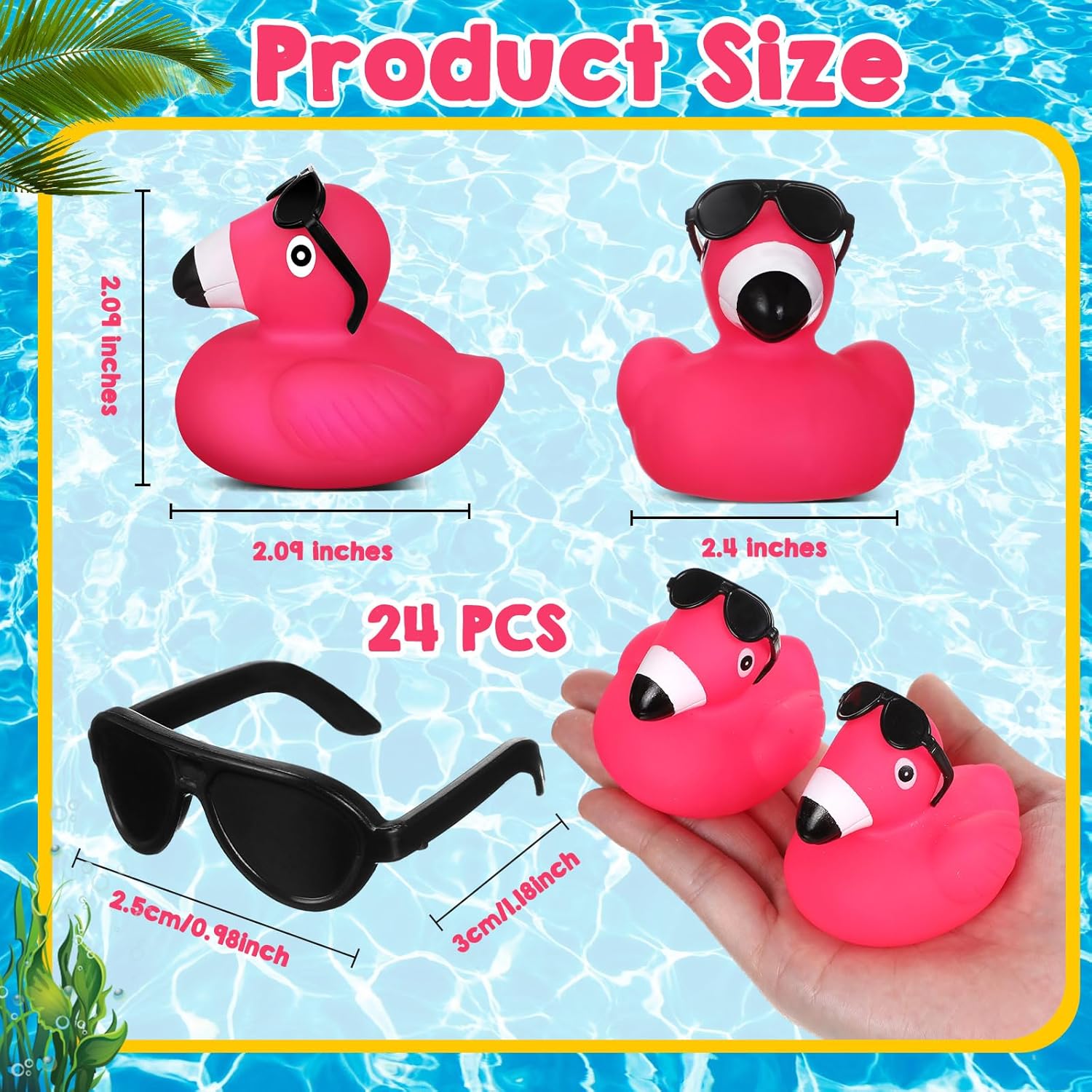 Sotiff 24 Pcs Flamingo Rubber Duckies with Sunglasses Pink Flamingo Duck Bulk Cute Floating Squeaky Mini Rubber Ducks for Birthday Party Favor Cake Decor Carnival Prizes(Rose Red)