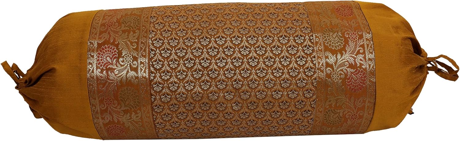 Ethnic Jacquard Brocade Silk Bolster Yoga Round Pillow Cover Floral Gold Tube Massand Living Room Decorative Cylindrical Hotdog Traditional Throw Pillowcase 76x38 cm - Set of 2 Pcs