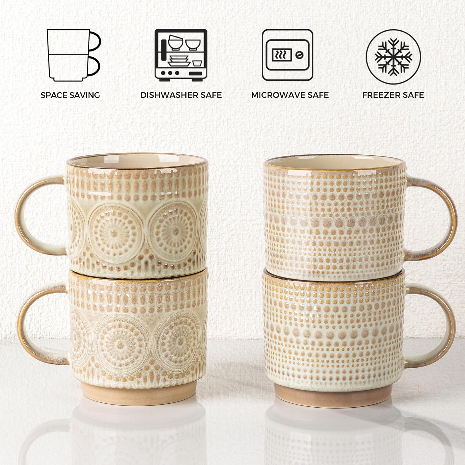 GBhome 12OZ Stackable Coffee Mugs, Ceramic Coffee Mugs with Texture Patterns for Man,Woman,Dad,Mom, Modern Coffee Mugs Set of 4 for Latte/Cappuccino/Cocoa. Dishwasher&Microwave Safe
