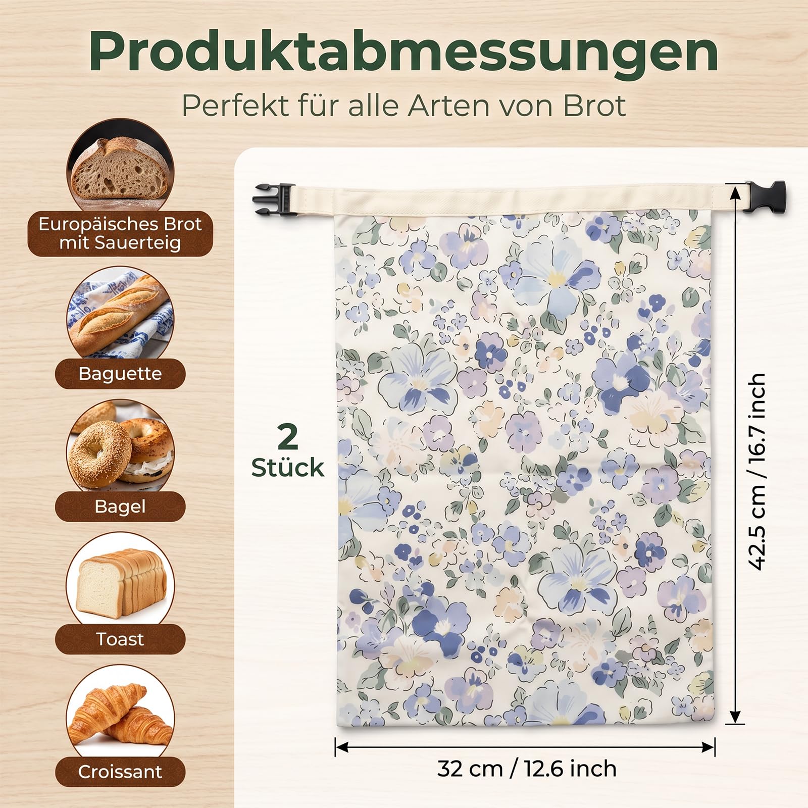 Bienenwachs Brotbeutel 2er-Pack – abnehmbare Brottaschen aus reiner Baumwolle mit Bienenwachsbeschichtung, wiederverwendbar, für Baguette, Bagel, Sauerteigbrot, Picknick, Küche, blaue Blumenmuster