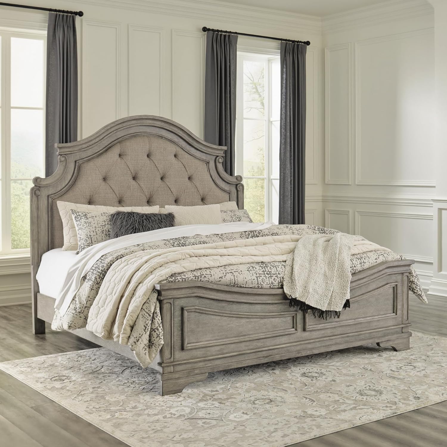 Signature Design by Ashley Lodenbay Traditional Upholstered Tufted King Panel Bed, Foundation or Box Spring Needed, Gray & Beige