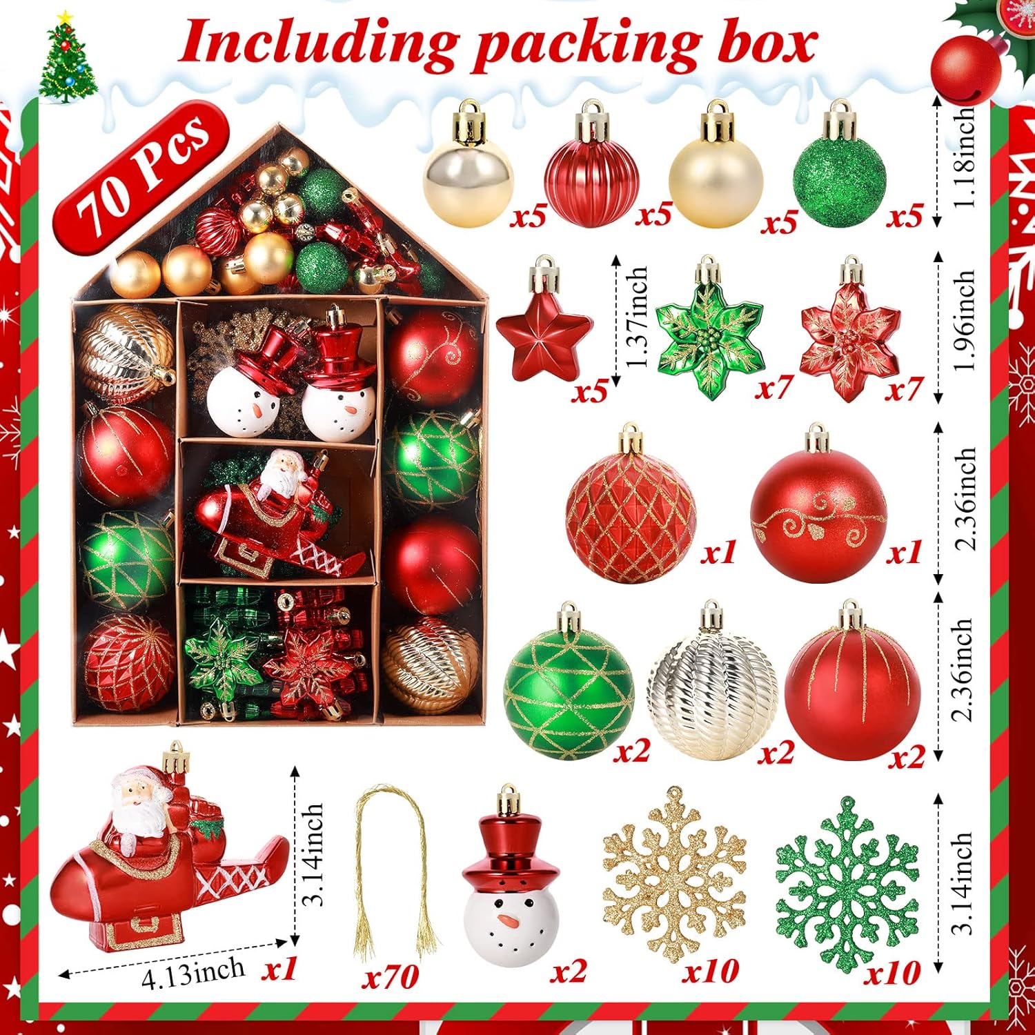 Canlierr 70 Pcs Christmas Ball Ornaments Assorted Shatterproof Hanging Decor for Christmas Tree Decorative Vintage Traditional Ornaments Bulk Holiday Party Decorations (Red,Green,Santa Claus)