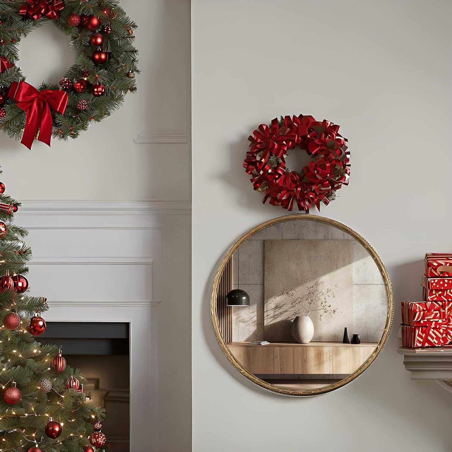 24 Inch Round Wall Mirror with Antique Gold Wave Inspired Metal Frame, Decorative Bathroom Vanity Accent Mirror, Vintage Circular Gold Wall Piece for Bathroom, Entryway and Living Room