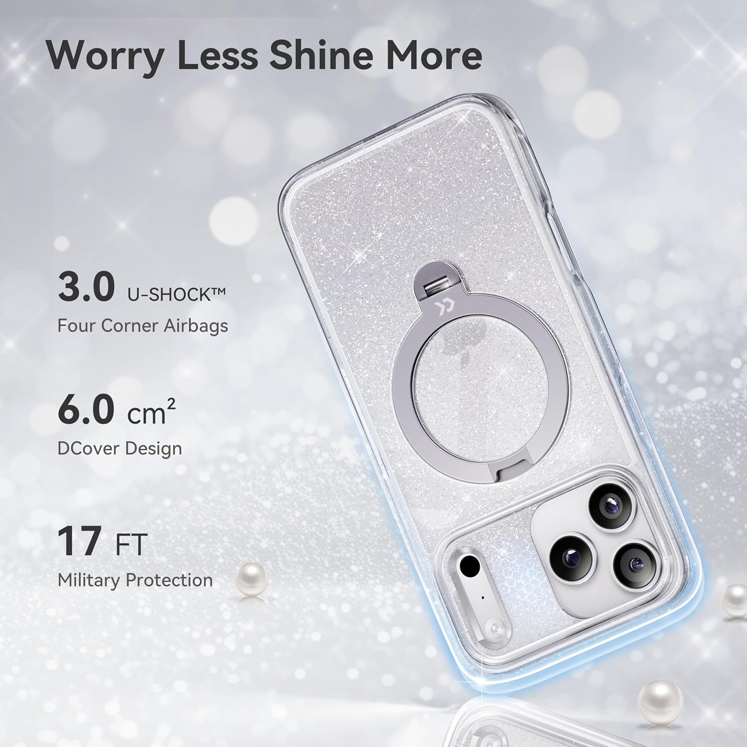 CASEKOO Clear Pearlescent Shimmer 360 Spin Magnetic Stand for iPhone 17 Pro Max Case for Women, Fit for MagSafe, 17FT Drop Protection, Chic Design for 17 Pro Max Case with Stand, Sparkle Clear - Image 6