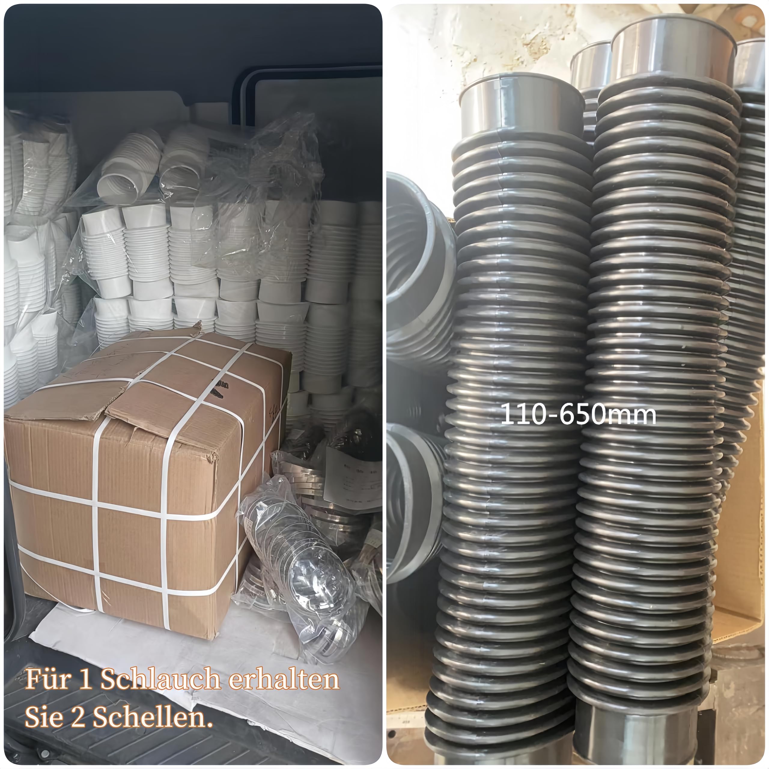 Ø 50 mm, Ø 75 mm, Ø 110 mm, Ø 120 mm, Ø 160 mm, Ø 315 mm, falisty wąż gumowy, rura odpływowa PCW, przyłącze wody deszczowej z dwoma obejmami (biały silikon, interfejs I.D. 150 mm, długość 350