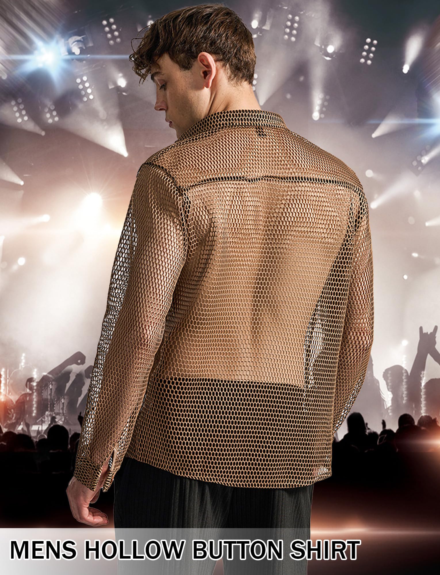 AIEOE Herren Netzhemd Langarm Fishnetz Hemd Durchsichtiges Muskelshirt Button Down Netztop S-XXL