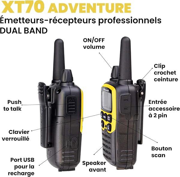 Midland C1180.01 XT70 Adventure Talkie Walkie - Émetteur-Récepteur Radio Pro Bi-bande à Recharge Rapide - Jaune - 69 LPD et 24 PMR446, 12 km, 38 Tonalités et 83 Codes - Lot de 2 Émetteurs-Récepteurs - 4