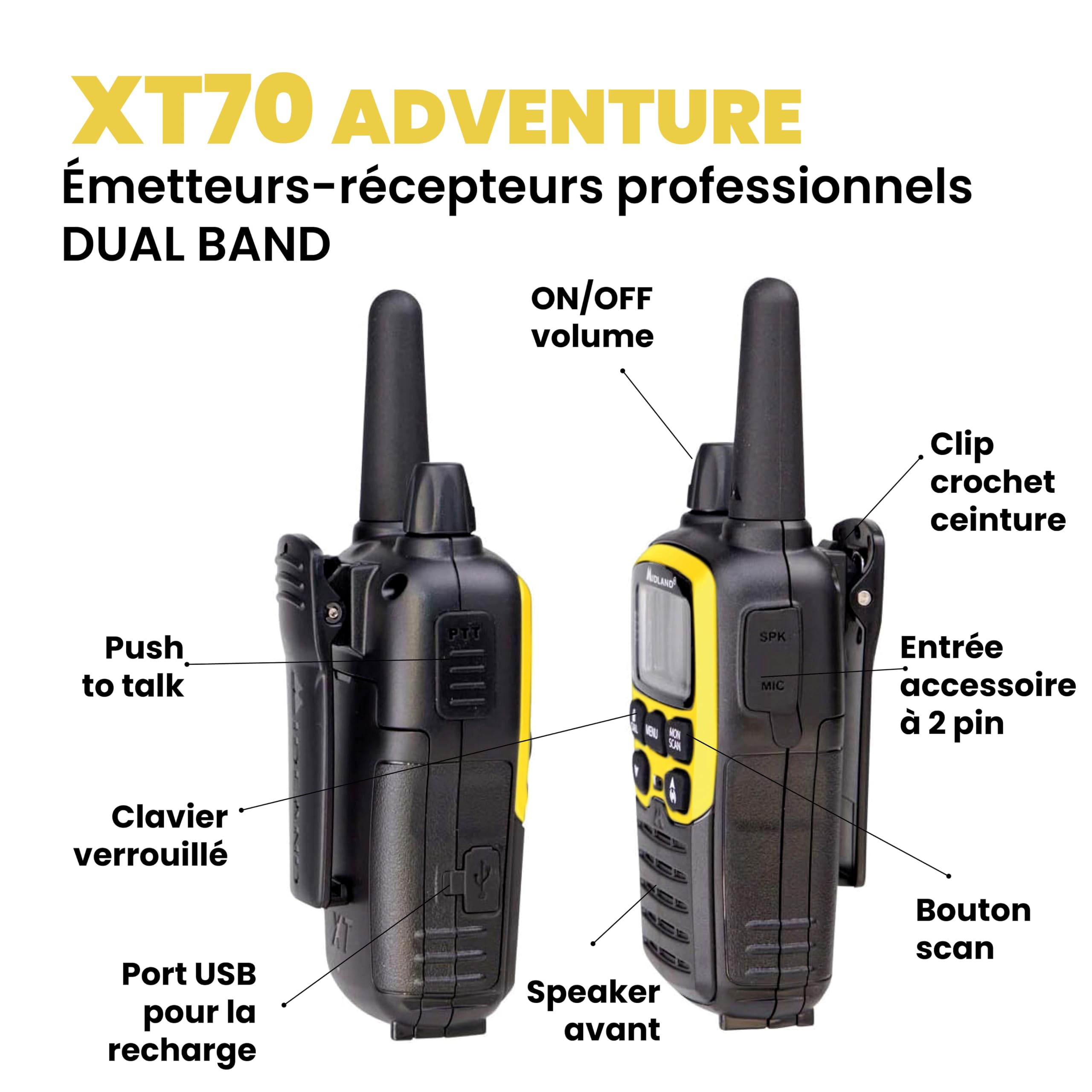 Midland C1180.01 XT70 Adventure Talkie Walkie - Émetteur-Récepteur Radio Pro Bi-bande à Recharge Rapide - Jaune - 69 LPD et 24 PMR446, 12 km, 38 Tonalités et 83 Codes - Lot de 2 Émetteurs-Récepteurs - 4