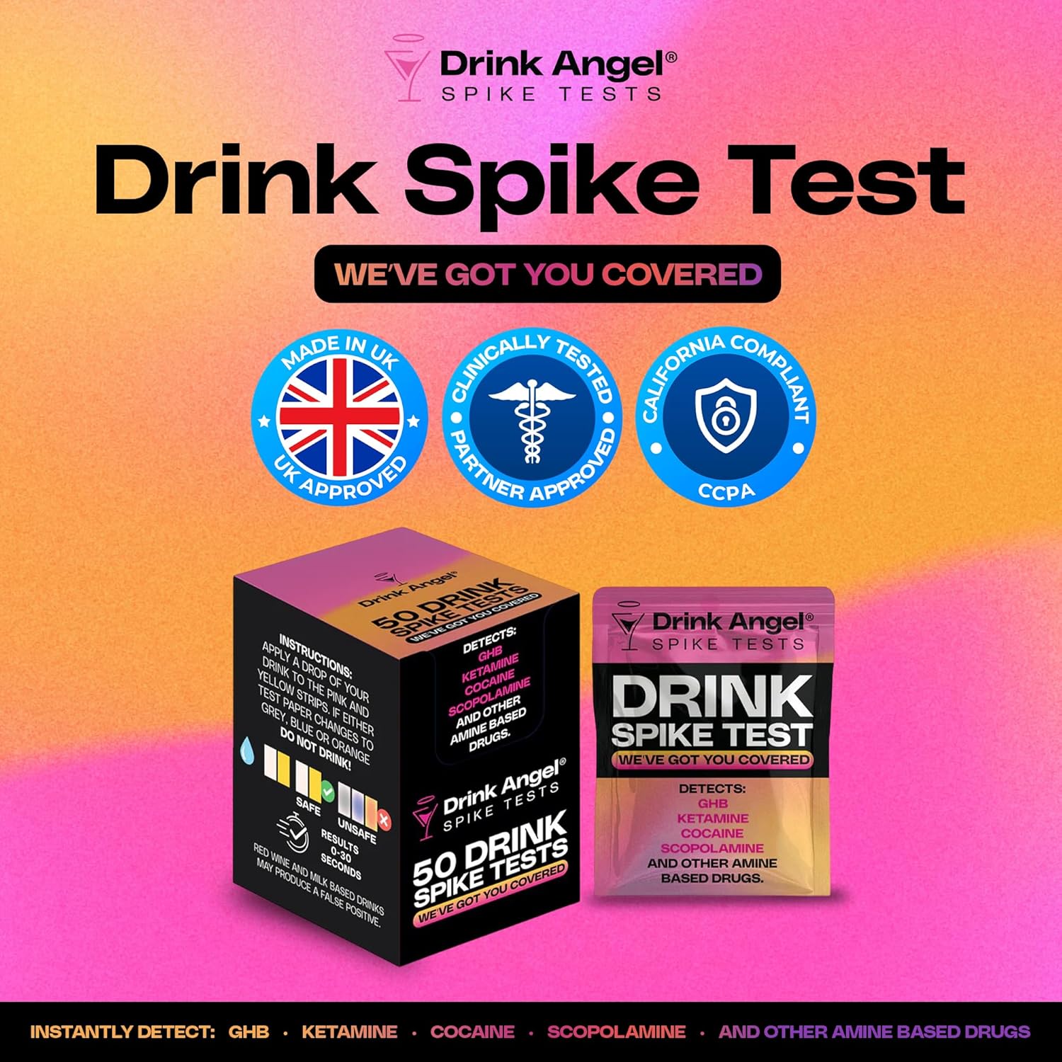 Box of 50 Individually Packed Spike Drink Tests | Drink Test Strips for Safety, Nights Out, Clubs, Parties and Festivals