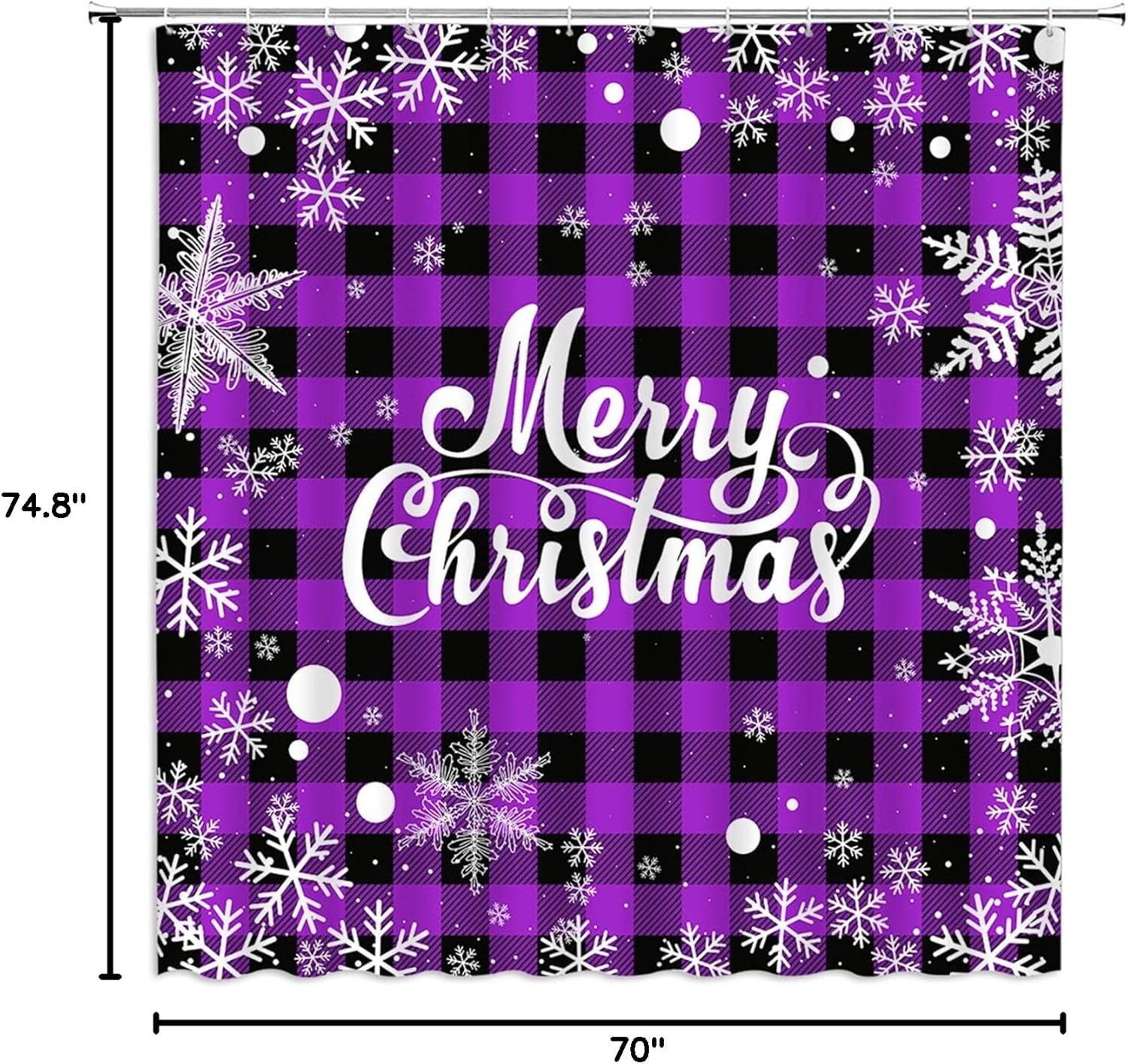 Merry Christmas Shower Curtain Blue Black Buffalo Plaid Vintage Winter Snowflake Rustic Xmas Happy New Year Fabric Bathroom Decor Set with Hooks（74.8" Wx70 H）