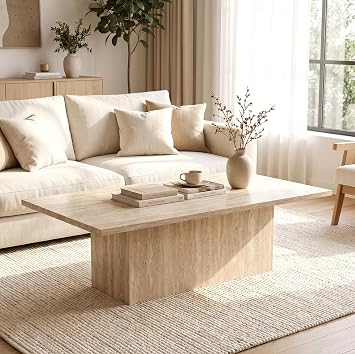 DUOMAY Wood Rectangular Coffee Table Beige Faux Travertine Finish