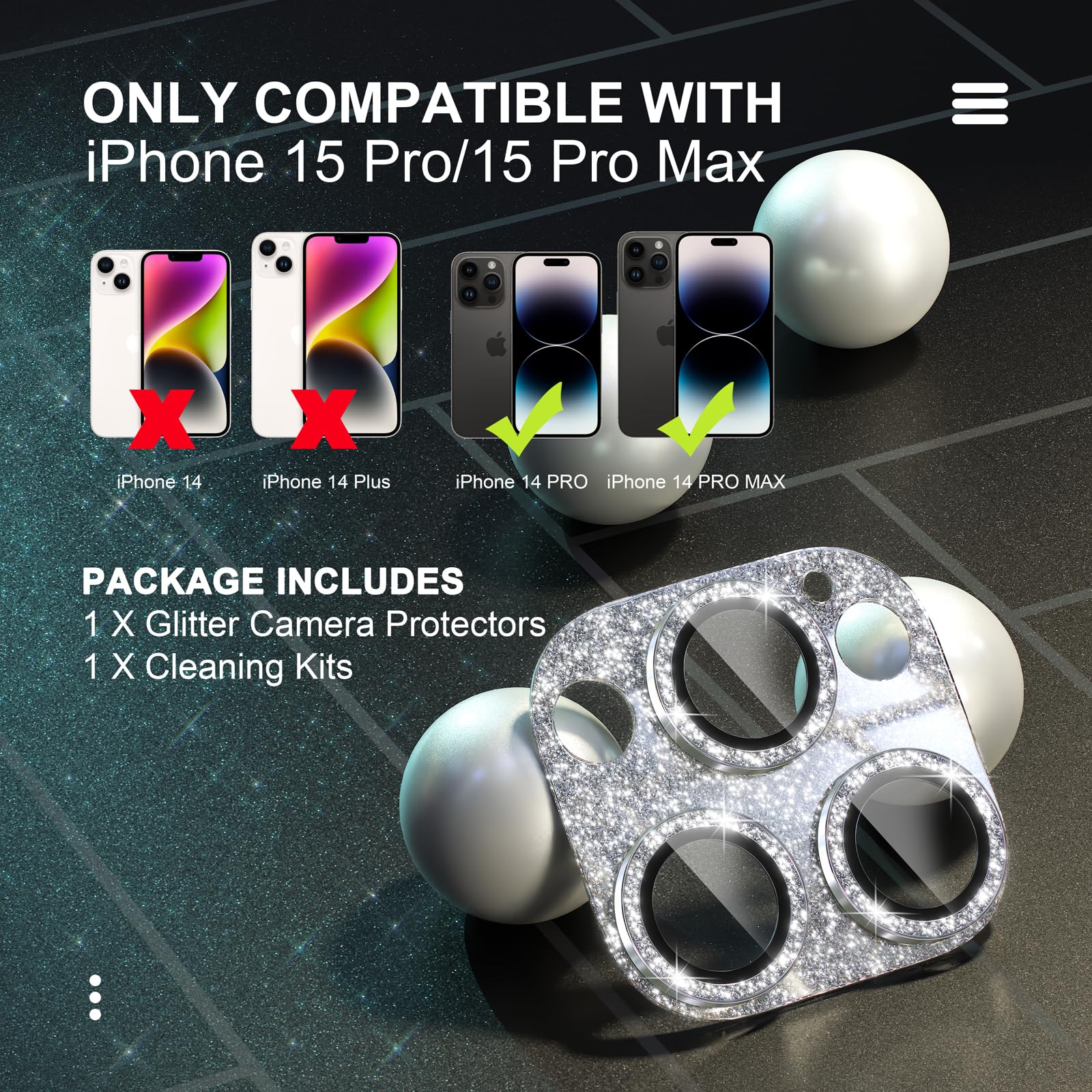 Choiche Protector de lente de cámara para iPhone 15 Pro/iPhone 15 Pro Max, cubierta de cámara brillante con protector de pantalla de lente de vidrio templado 9H, accesorios de decoración de anillo de