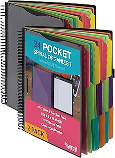 Samsill 2 Pack Deluxe 24 Pocket Spiral Project Folder Organizer with 12 Dividers, Notepad, Customizable Front Cover, Erasable Write On Tabs in Fashion Colors, Plastic Folders with Pockets